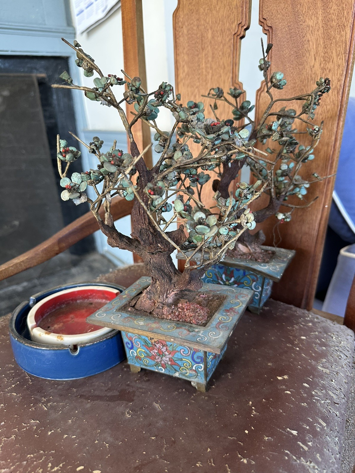 Vintage Pair of Chinese Hardstone Flower Bonsai Trees in Cloisonne Enamel Pots