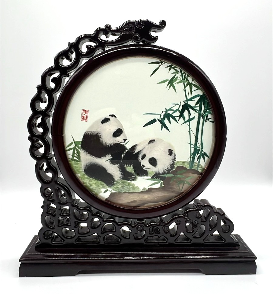 🐼 Vintage Chinese Silk Embroidery Panda Bamboo Round Panel w/ Carved Wood Stand