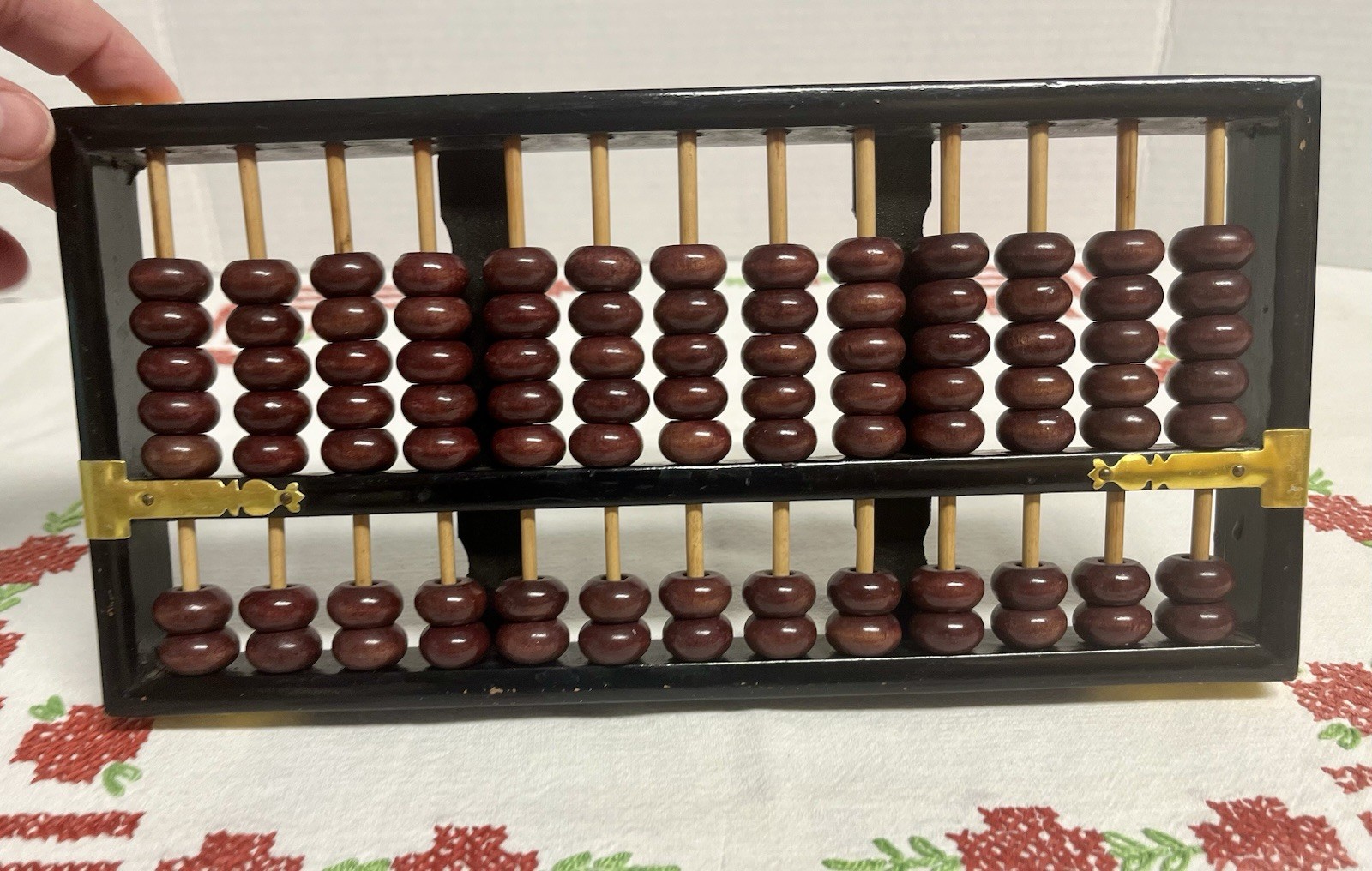 Vintage Chinese abacus black wooden frame brown beads brass reinforcements