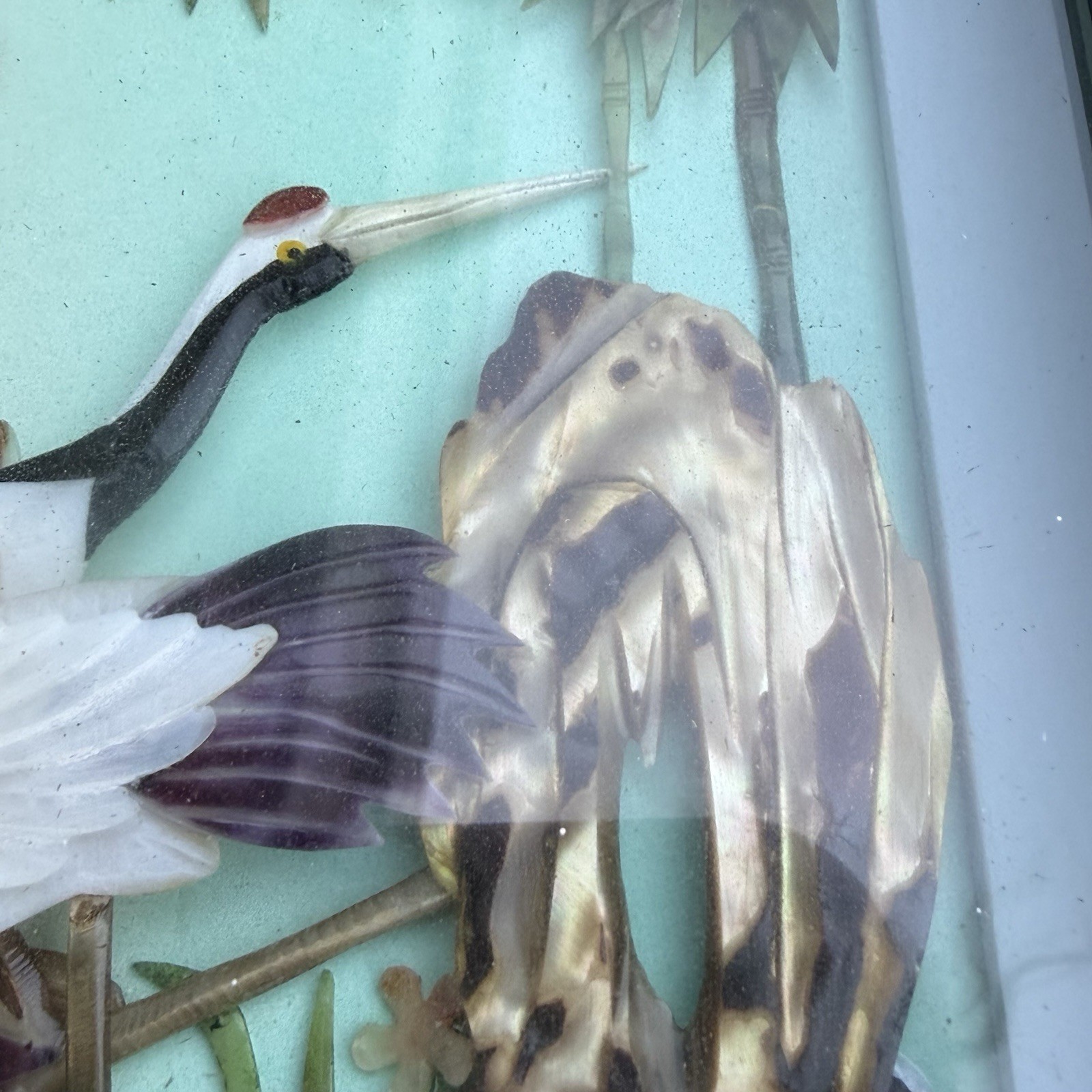 Vintage Asian 3D Shadowbox Wall Hanging Red-Crowned Cranes Shell Nature 9.5×5.5”