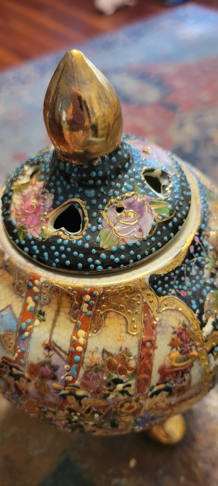 Vintage Satsuma China Incense Burner Porcelain Bowl 3 Footed W/Lid