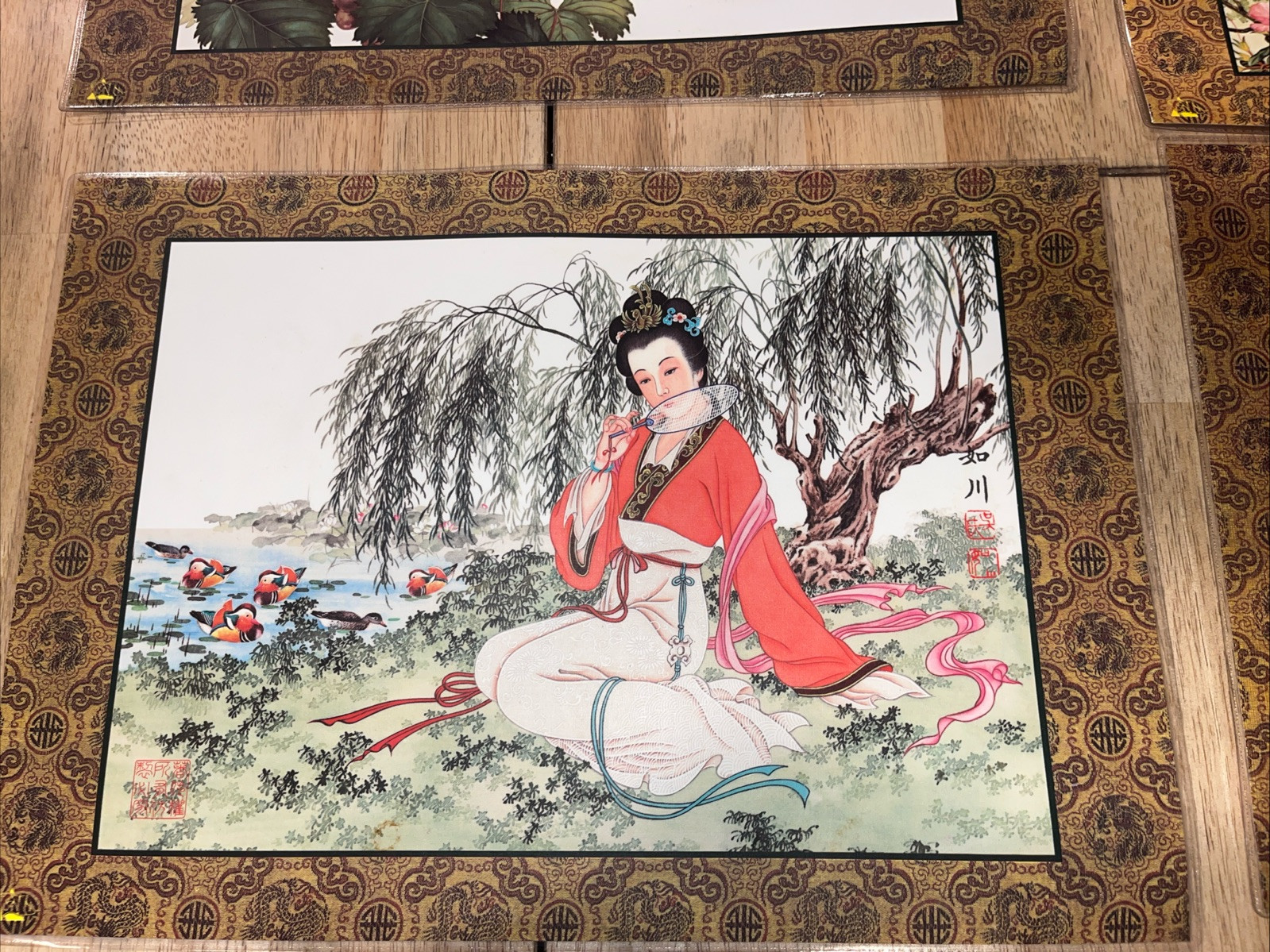 H136~ Chinese Silk Placemats Hand Painted Watercolors Double Sided Laminate