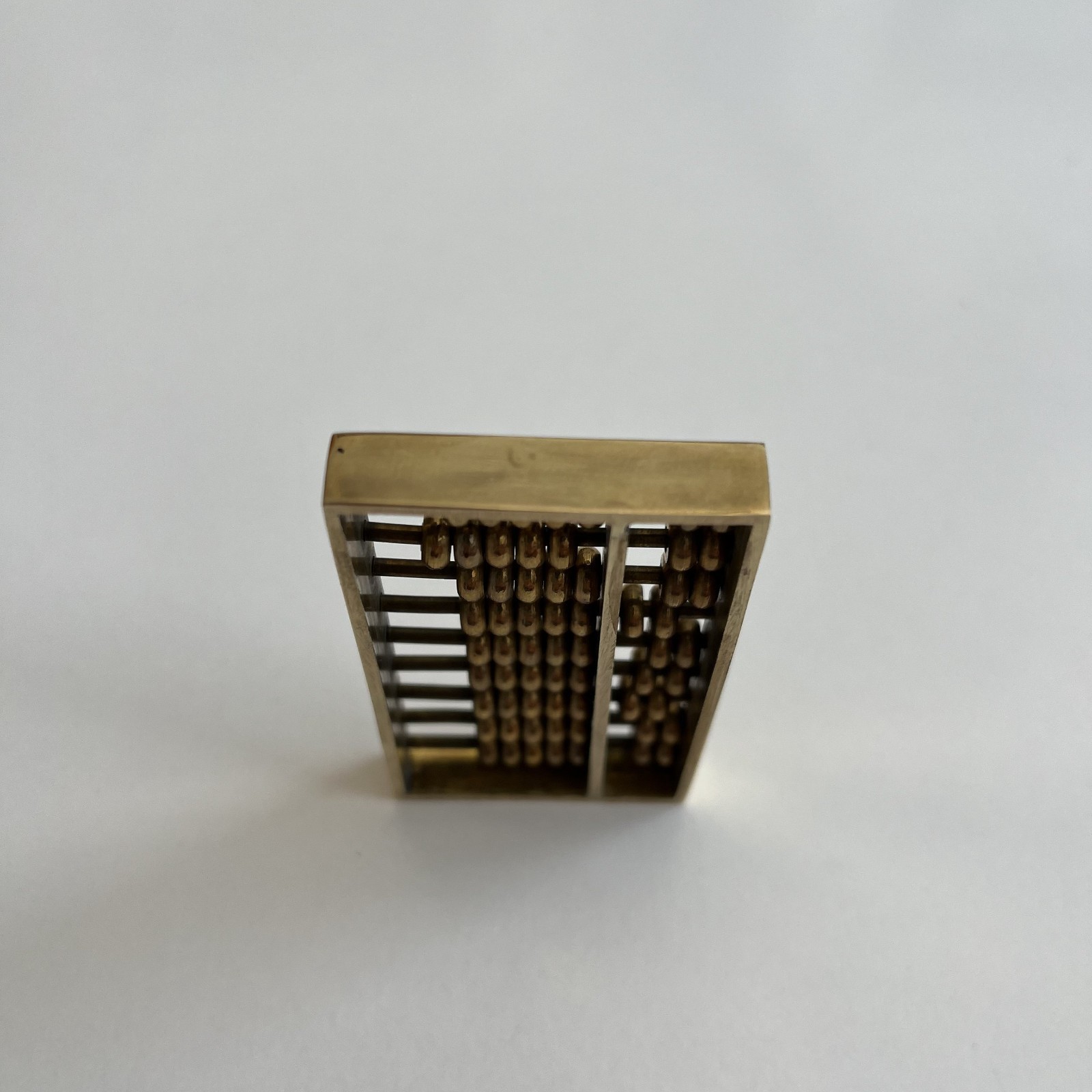 Vintage Miniature Brass Chinese Suanpan 9 Rod Abacus With Silk Brocade Box.