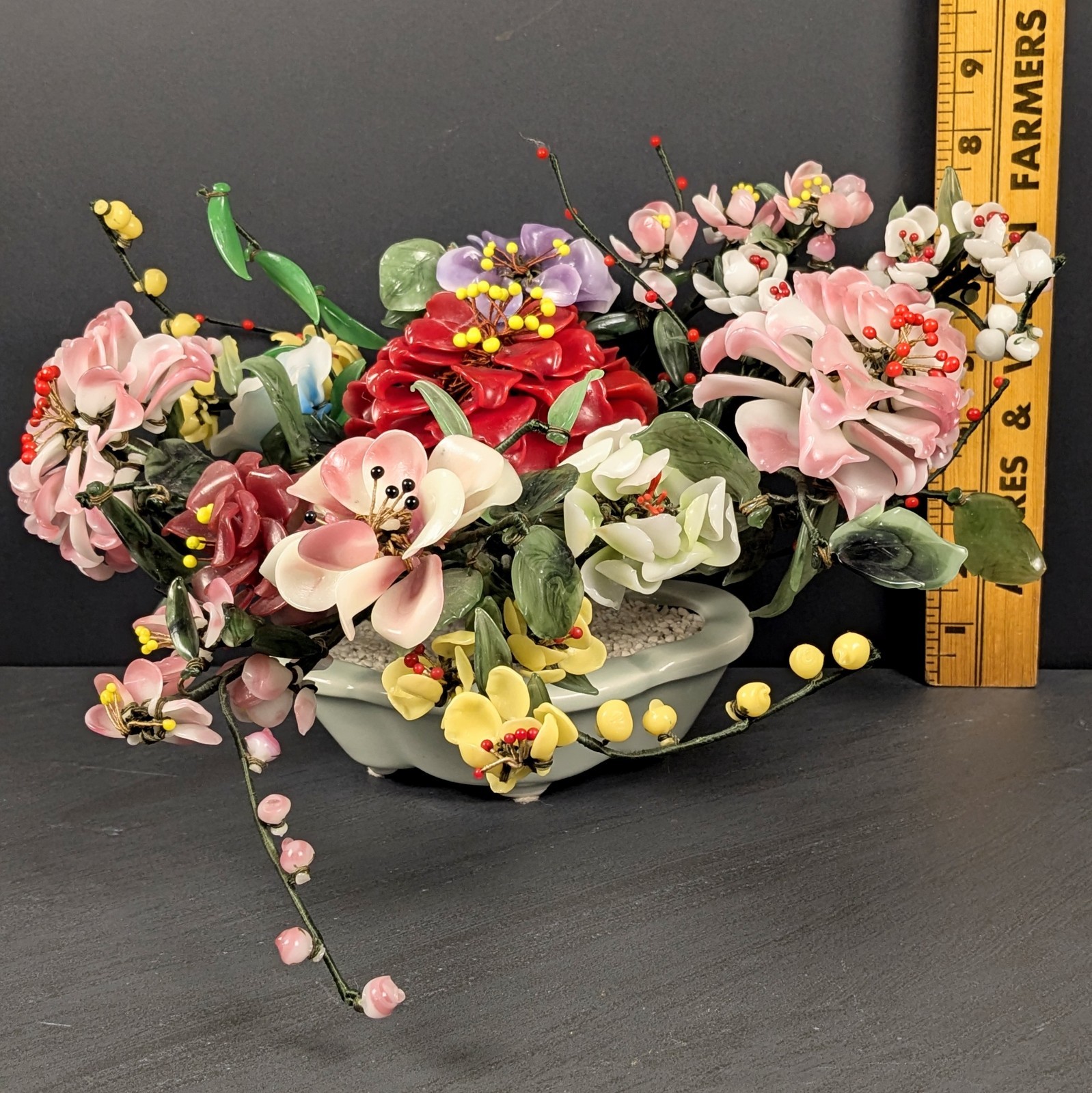 Vintage Jade Style Glass Flower Arrangement Asian Bonsai Planter Pink Red Purple