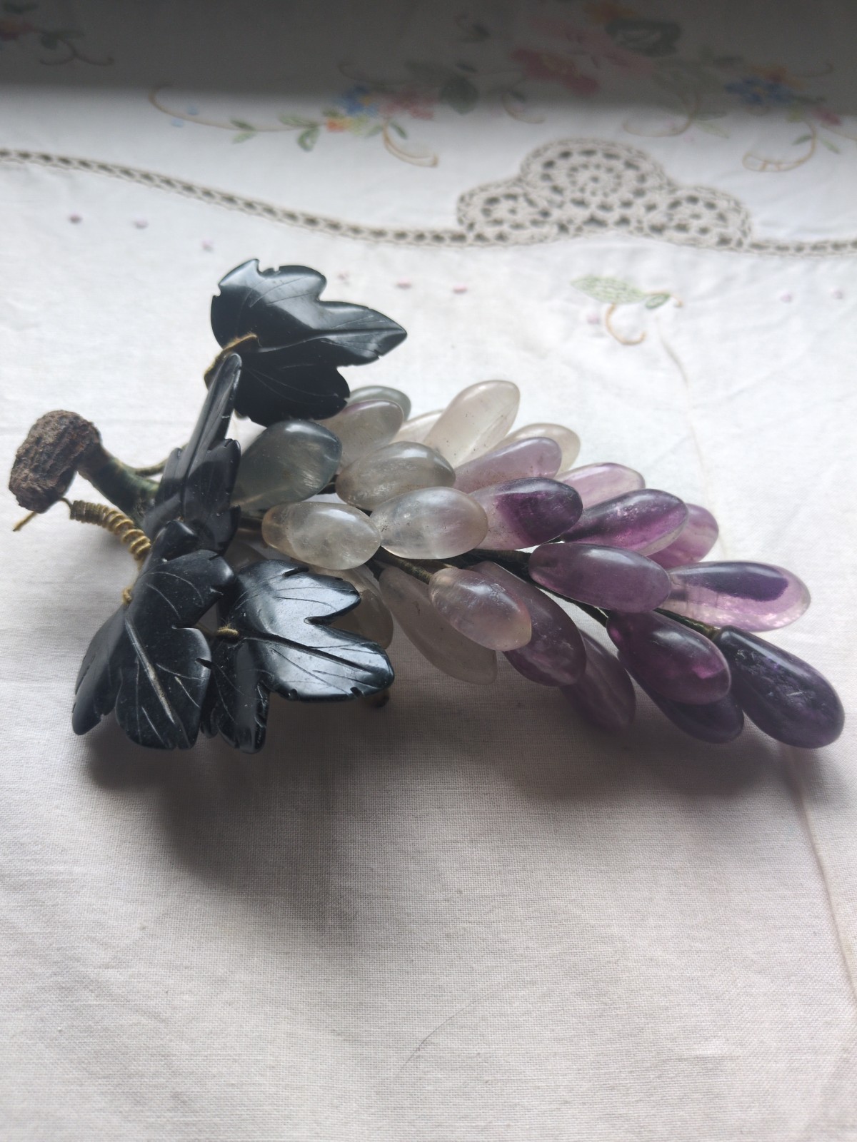 Vintage Chinese Carved Rose-Quartz, Amethyst Grape Cluster With Jade Leaves 7″