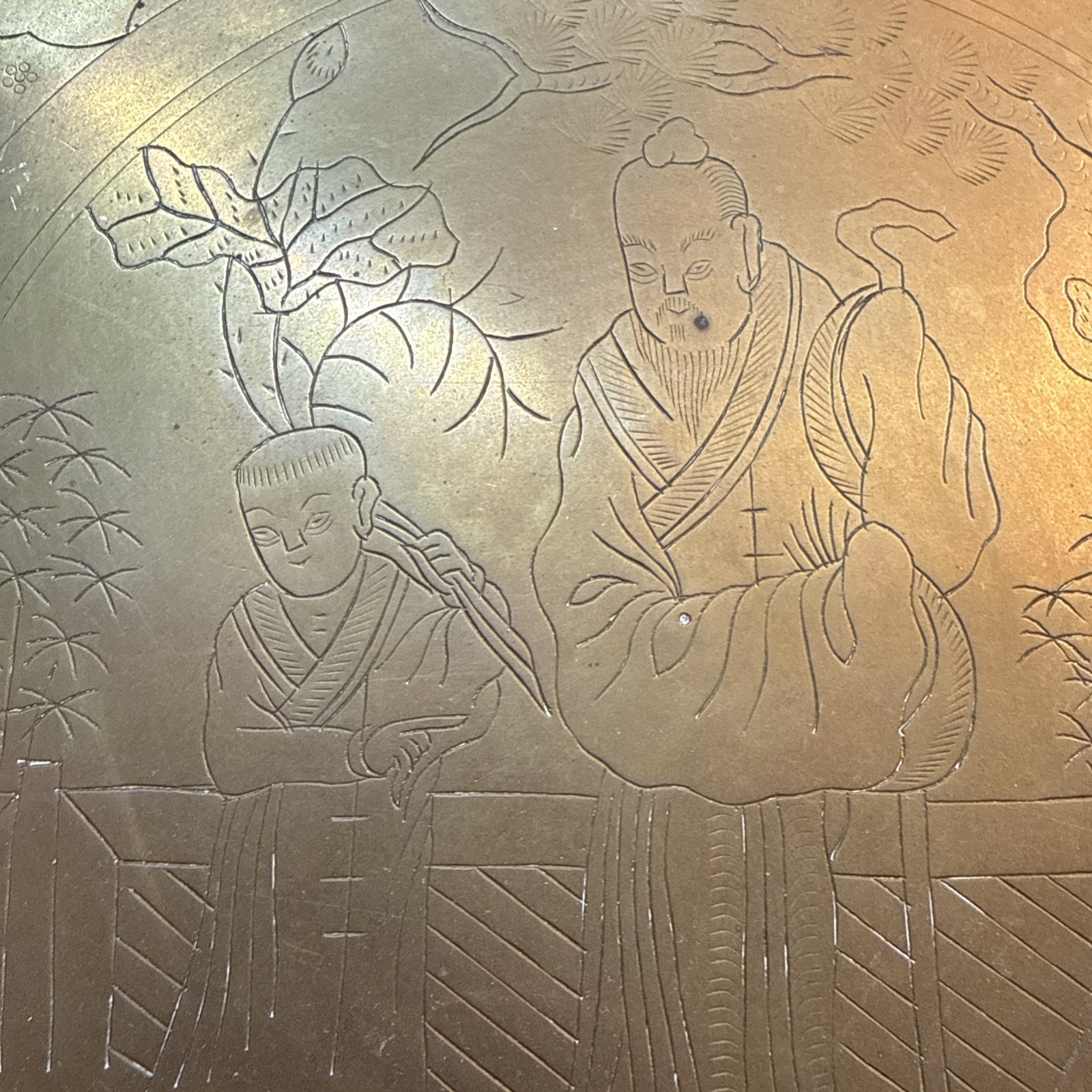 Vintage Chinese Brass Etched Tray Old Man & Boy 12”