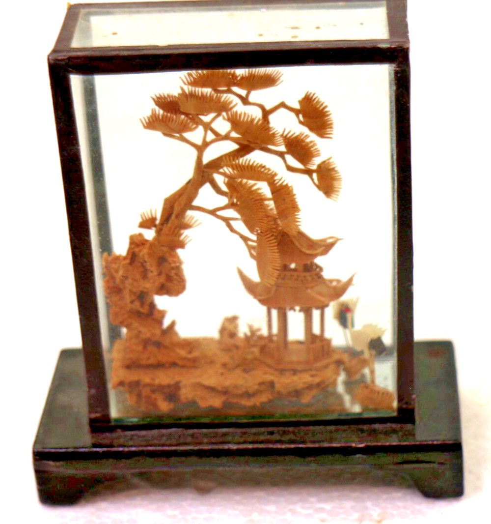 Miniature Cork Wood Carved Village Diorama Scene in Glass Wood Case