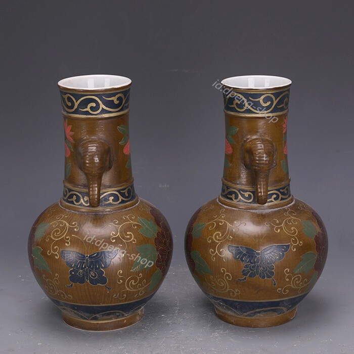9″ Chinese Old Lacquer Glaze Porcelain Colour Decoration Elephant Ear Vase