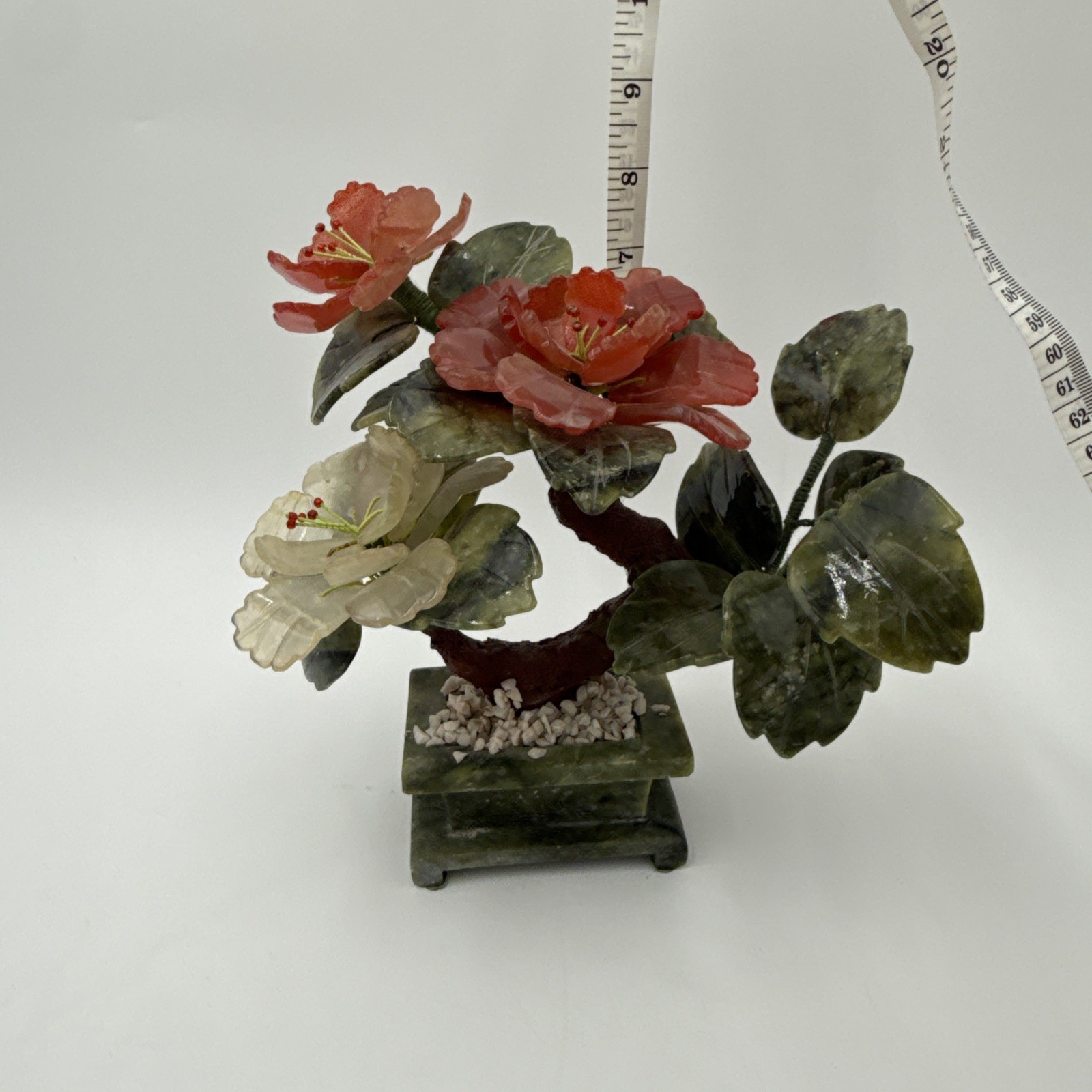 Vintage Chinese Jade Quartz Bonsai Tree Floral In Celadon Pot Carved Flower Tree