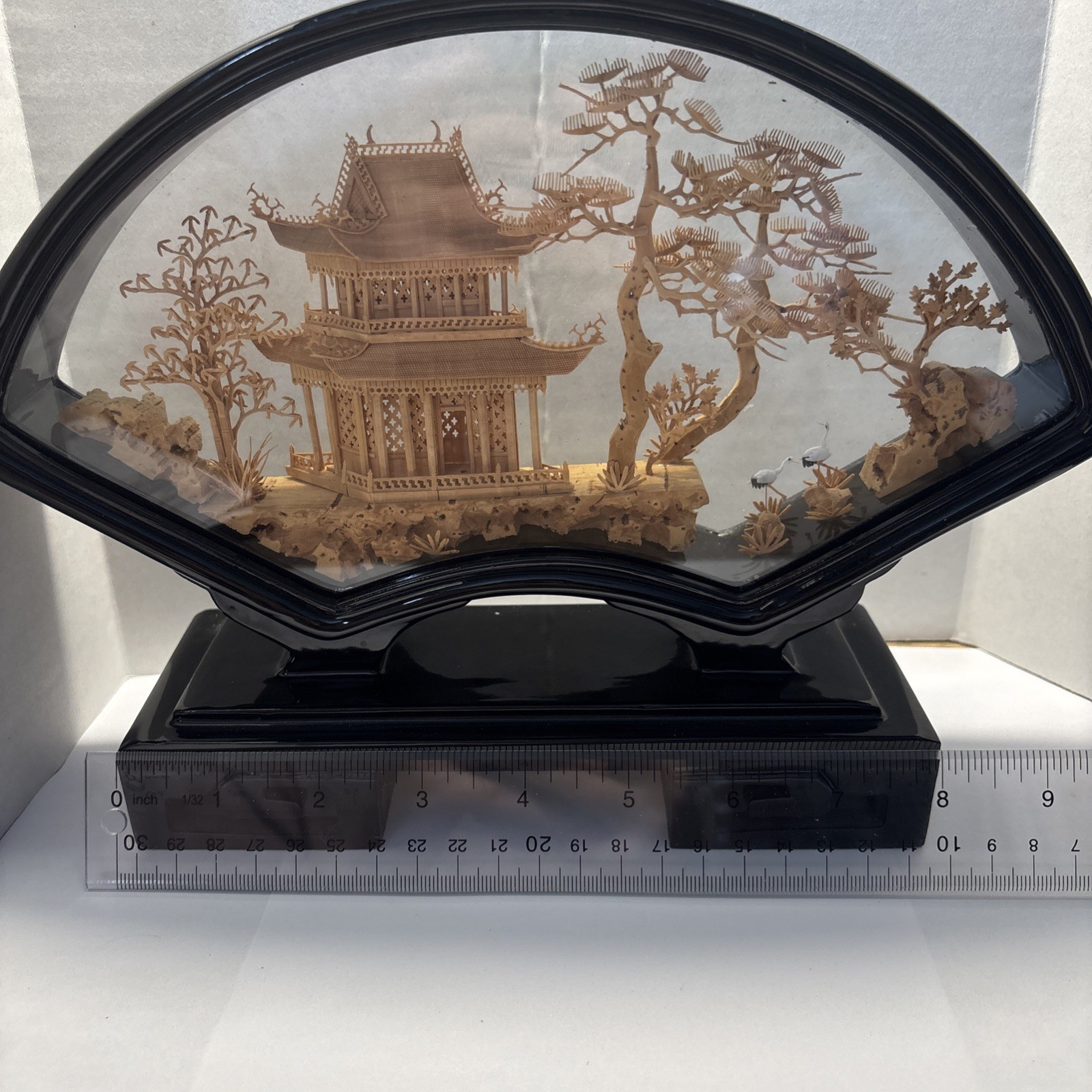 Vintage Chinese San Yo Diorama With Hand Carved Cork Pagoda Trees And Cranes