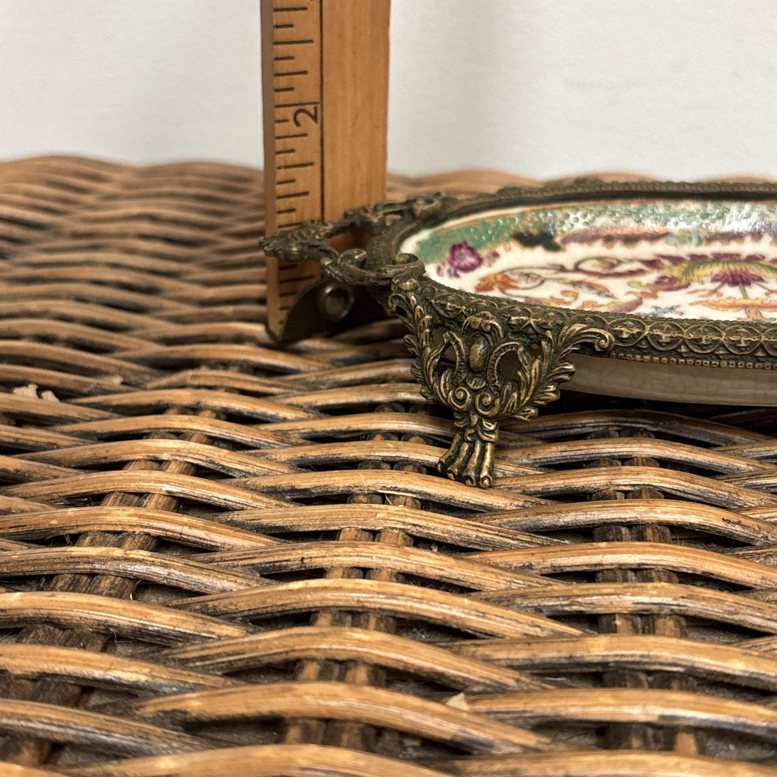 Vintage Hua Ping / Rong Tang Zhi Porcelain Brass Footed Soap or Trinket Dish