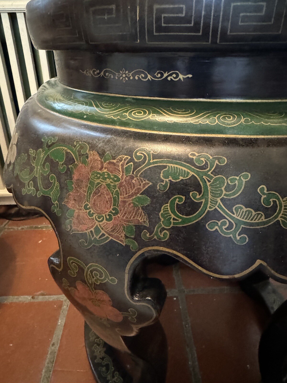 Antique Chinese Cloisonne Top Round Jardiniere Stand Two Fish Motif