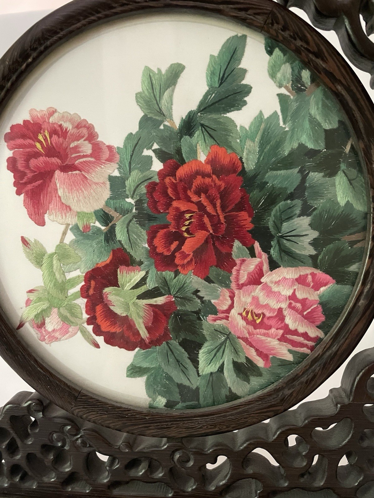 Vintage Chinese Double Sided Silk Embroidery Peony Flower Table Screen