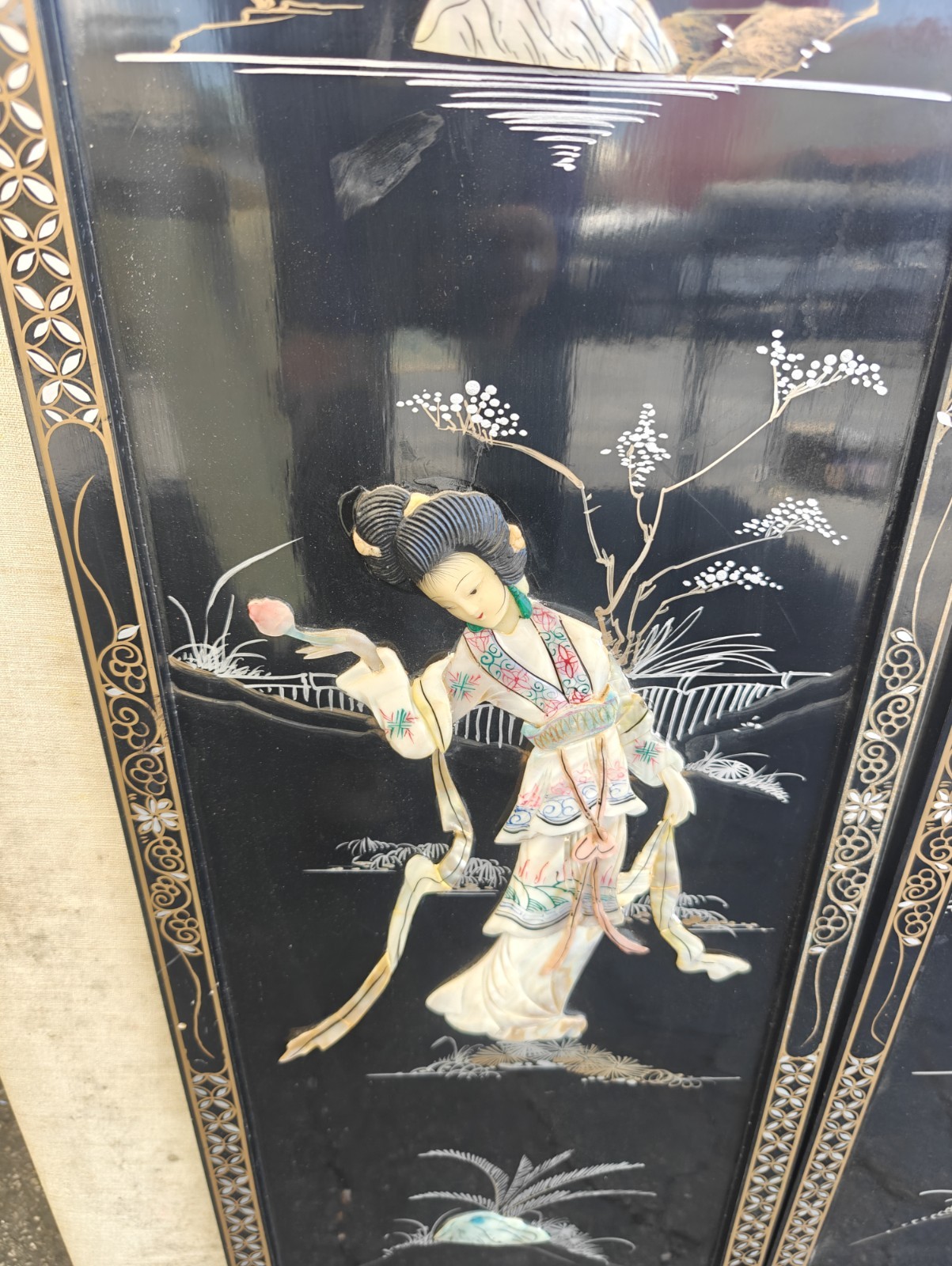 2 Vintage Mother Of Pearl Framed Art Wall Plaques Asian Black And Gold.