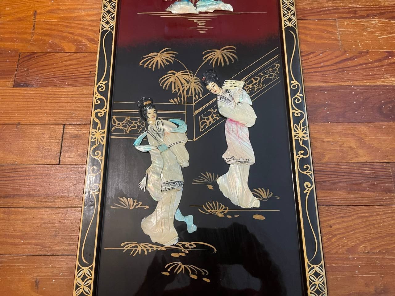 20thC Chinese Wall Art Black Lacquer Panel Mother of Pearl Relief Scene – 2