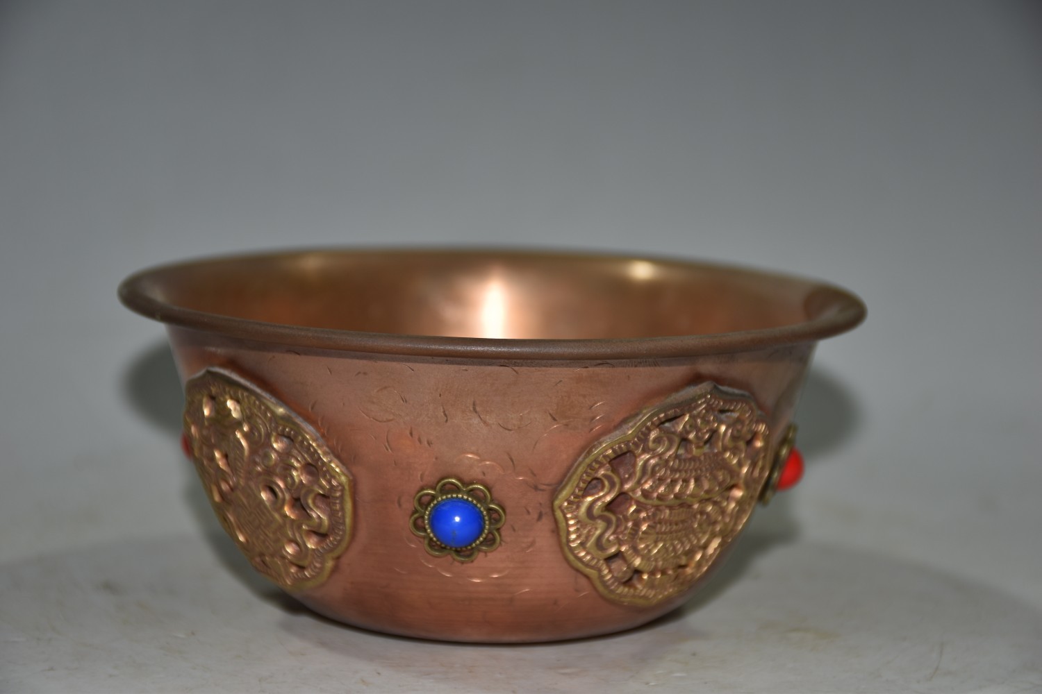 Vintage Nepalese Red Copper Bowl 4.92×2.17in Inlaid Gem 162g Butter Tea Cup