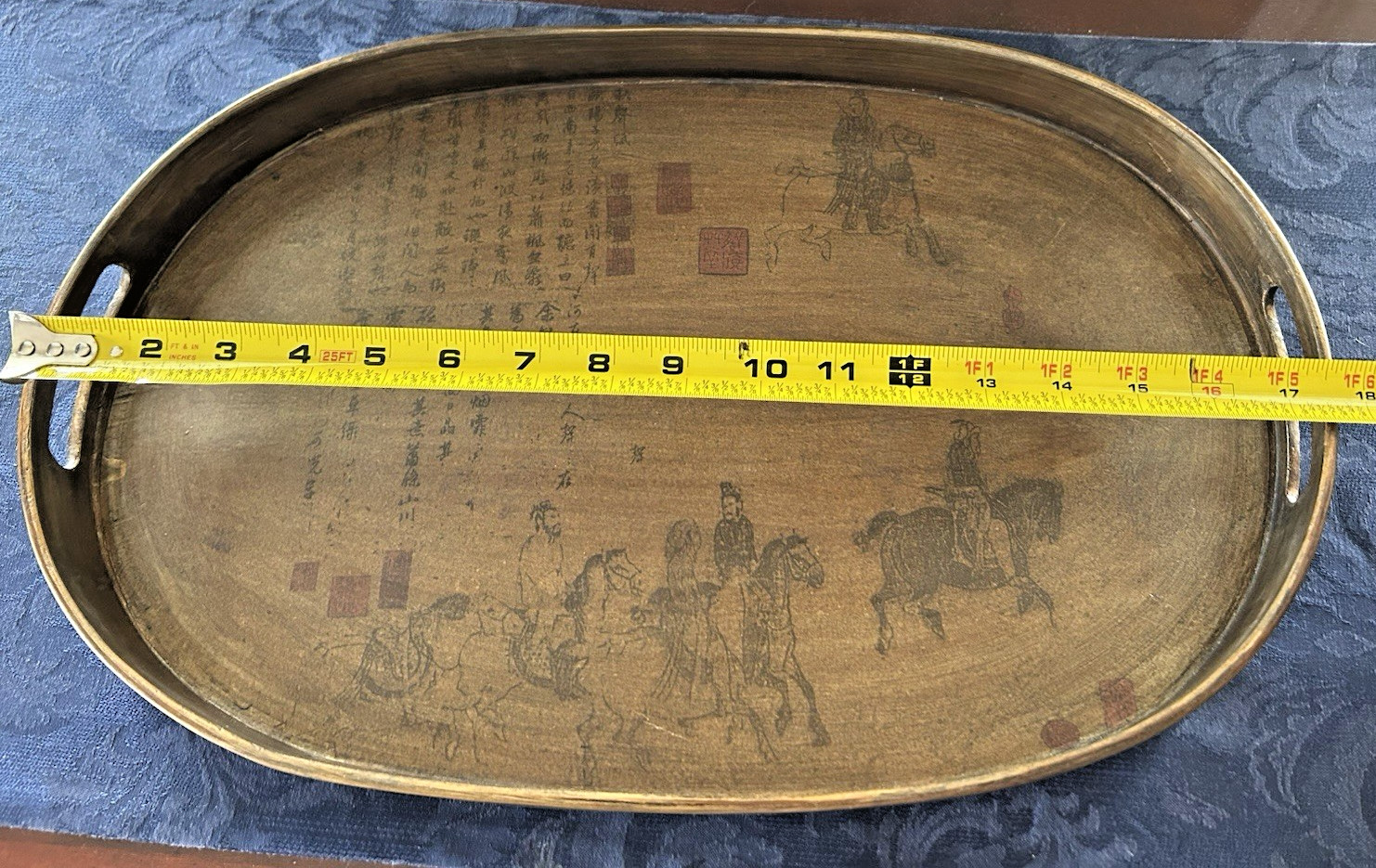 Vintage Chinese Wooden Oval Tray w/ Hand Painted Equestrian Scene, Calligraphy