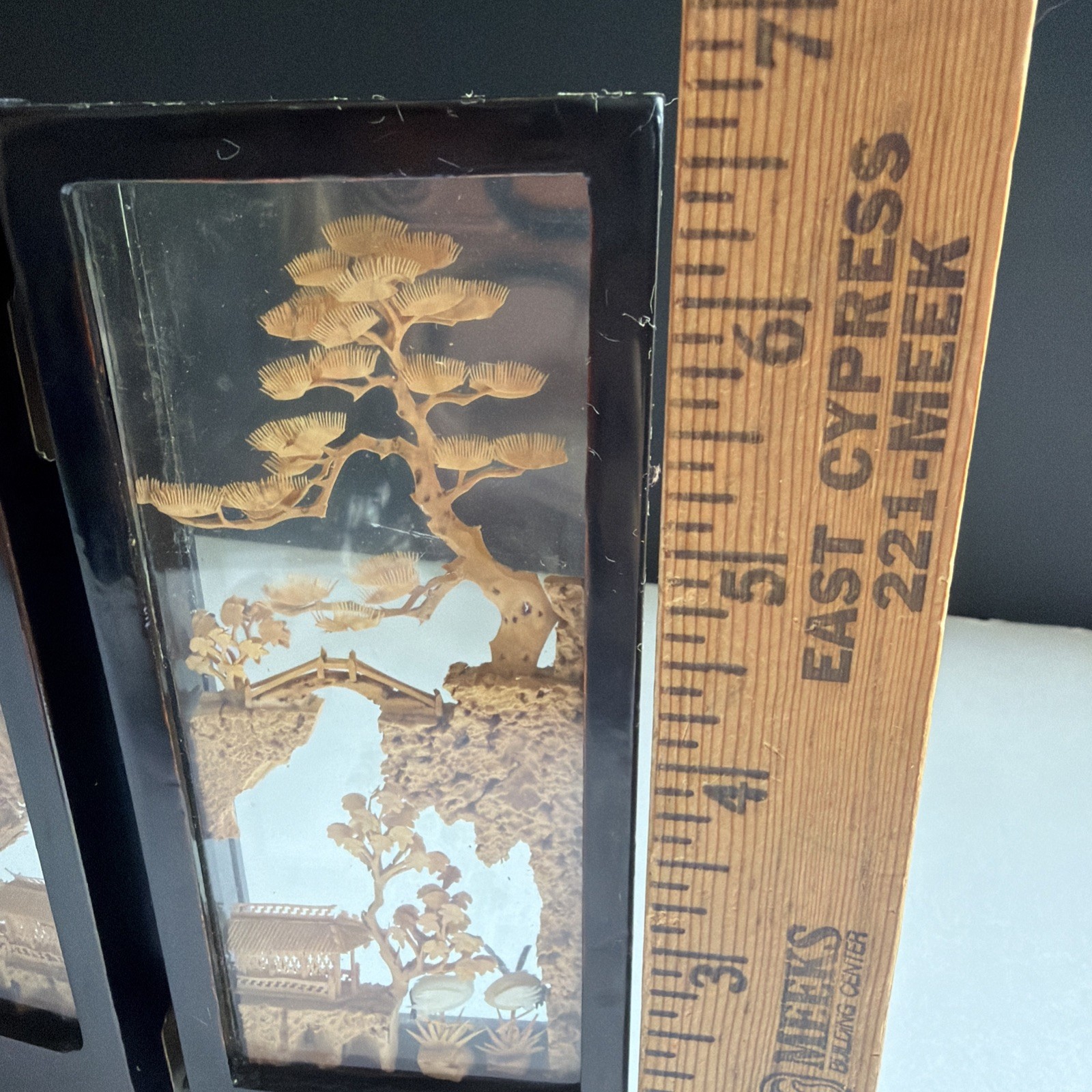 Vtg Chinese Cork Art Screen Folding 4 Panel Glass Pagoda Cranes Black Lacquer