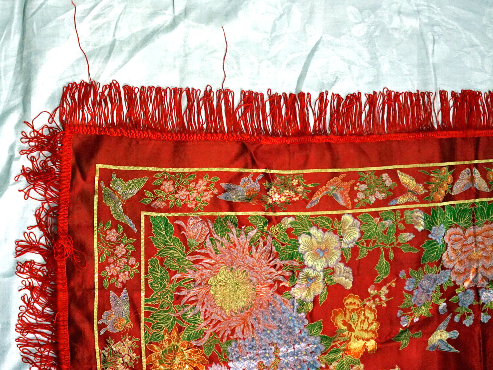 Vintage Silk Brocaded Flowers China Tapestry or Table Cloth Vivid Colors