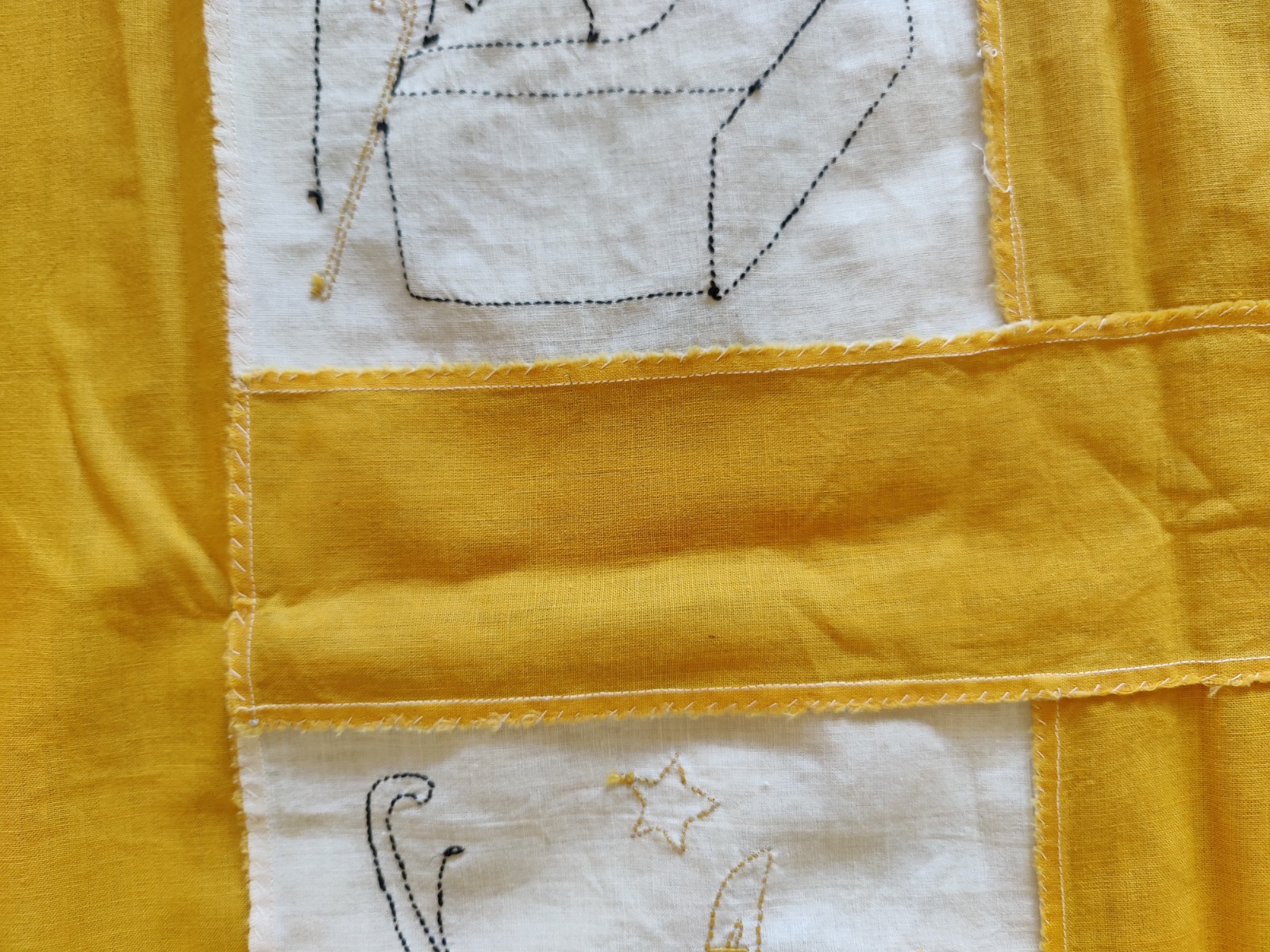 Antique Vintage Embroidered Squares Machine Stitched Quilt Top 47″ x 64″