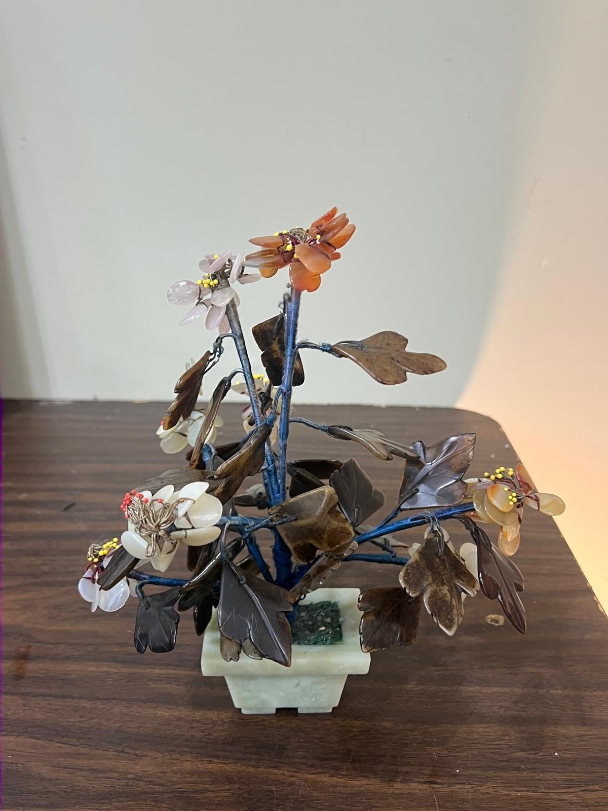 Vintage Chinese Jade and Quartz Hand Carved Flower Tree with Soapstones 10 1/2″