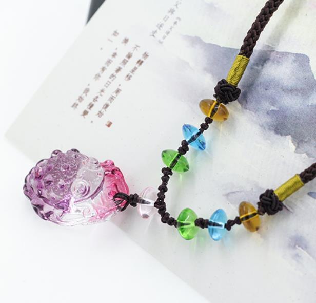 Chinese Coloured Glaze Carving Lovable Animal Golden Toad Pink Purple Pendant