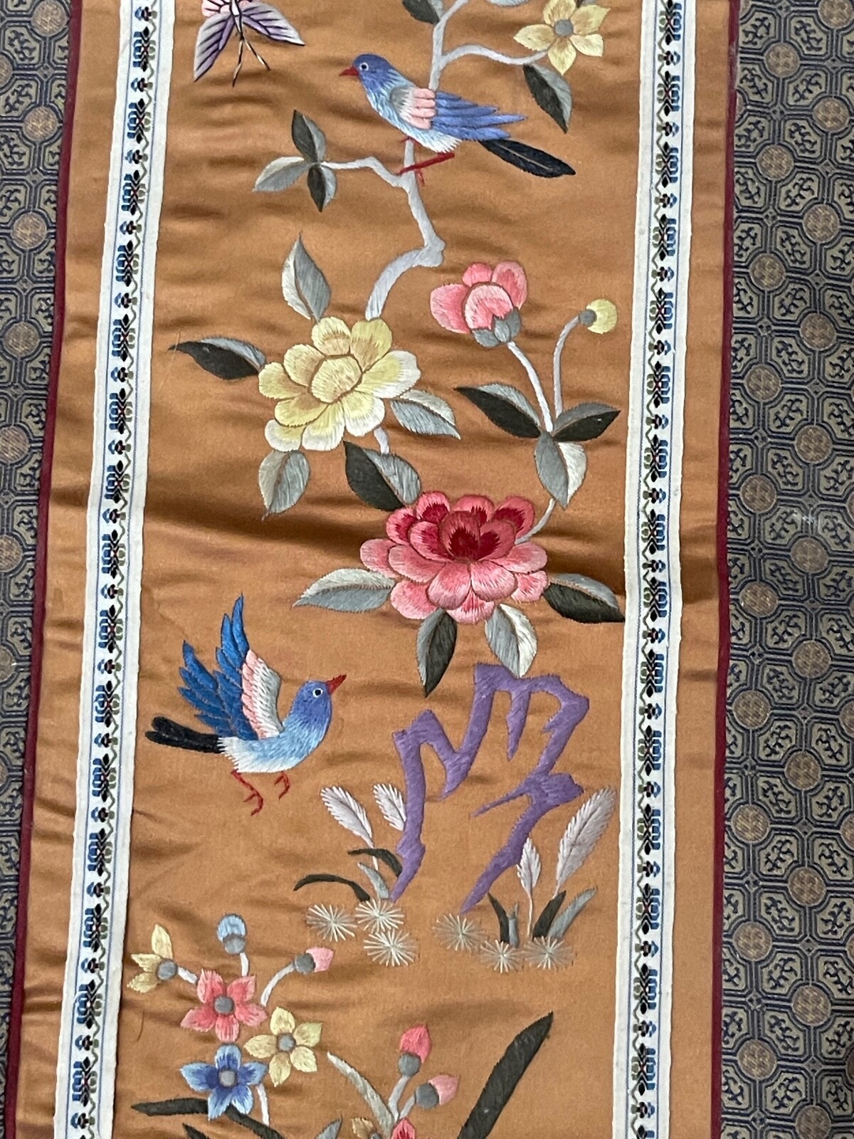 Vintage Antique Chinese Silk Embroidered Textile w/ Birds Floral & Butterfly Dec