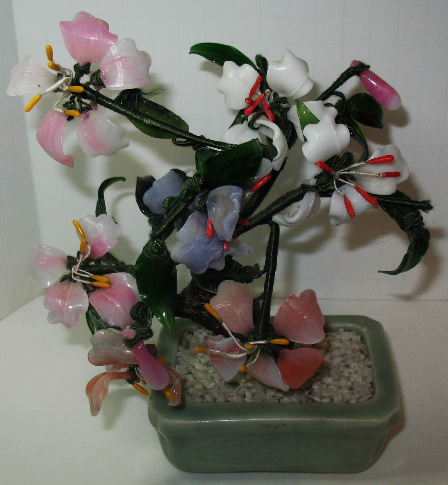 Victorian Era Chinese Jade Flowered Bonsai Tree in Celedon Planter