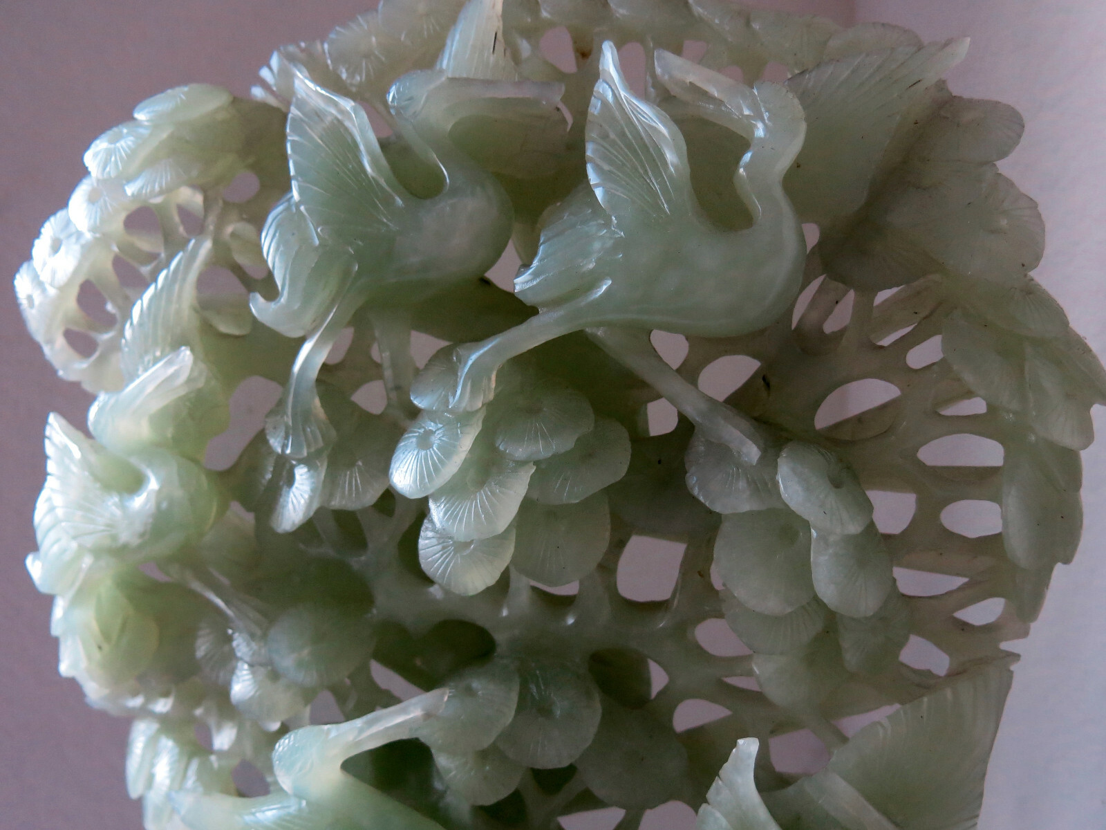 Asian Vintage Jade See Thru, 2 Sided Detail, Lt. Green Cranes & Tree, 11″ x 12″