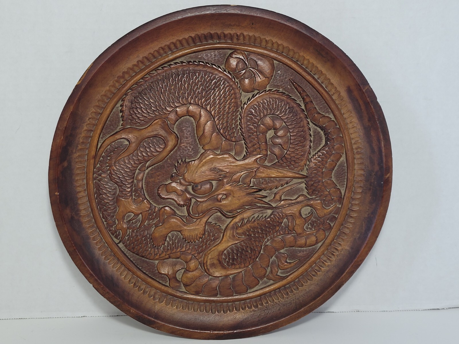 Vintage Carved Wooden Dragon Plaque Plate Chinese Decor Asian Oriental