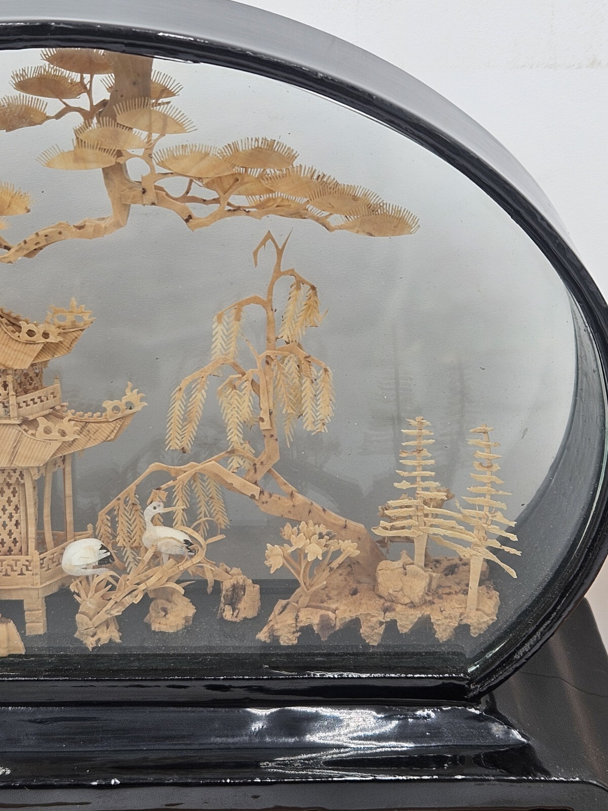 Vtg San Diorama Cork HandCarved W/ Pagoda Trees & Cranes In Glass Case