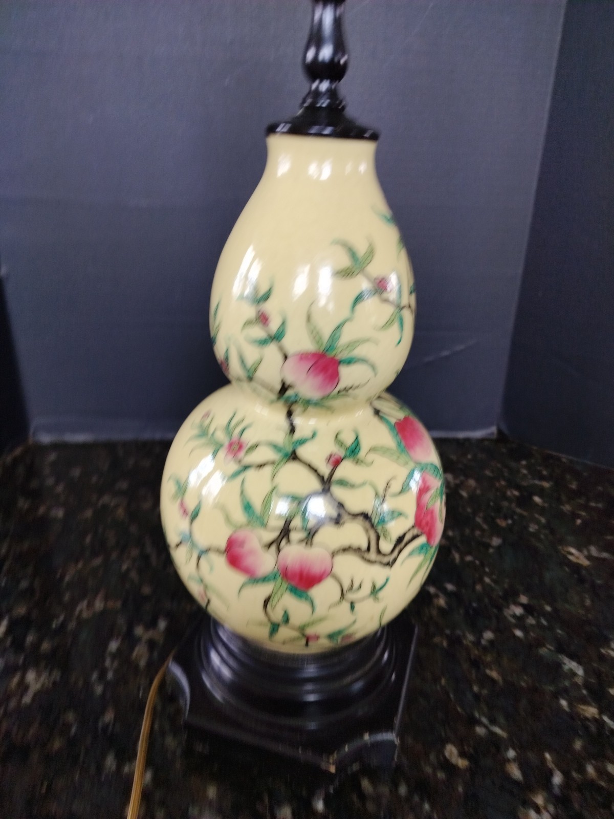 Vintage Chinese Yellow Gourd Vase Lamp – Butterflies & Flowers – Working 27″