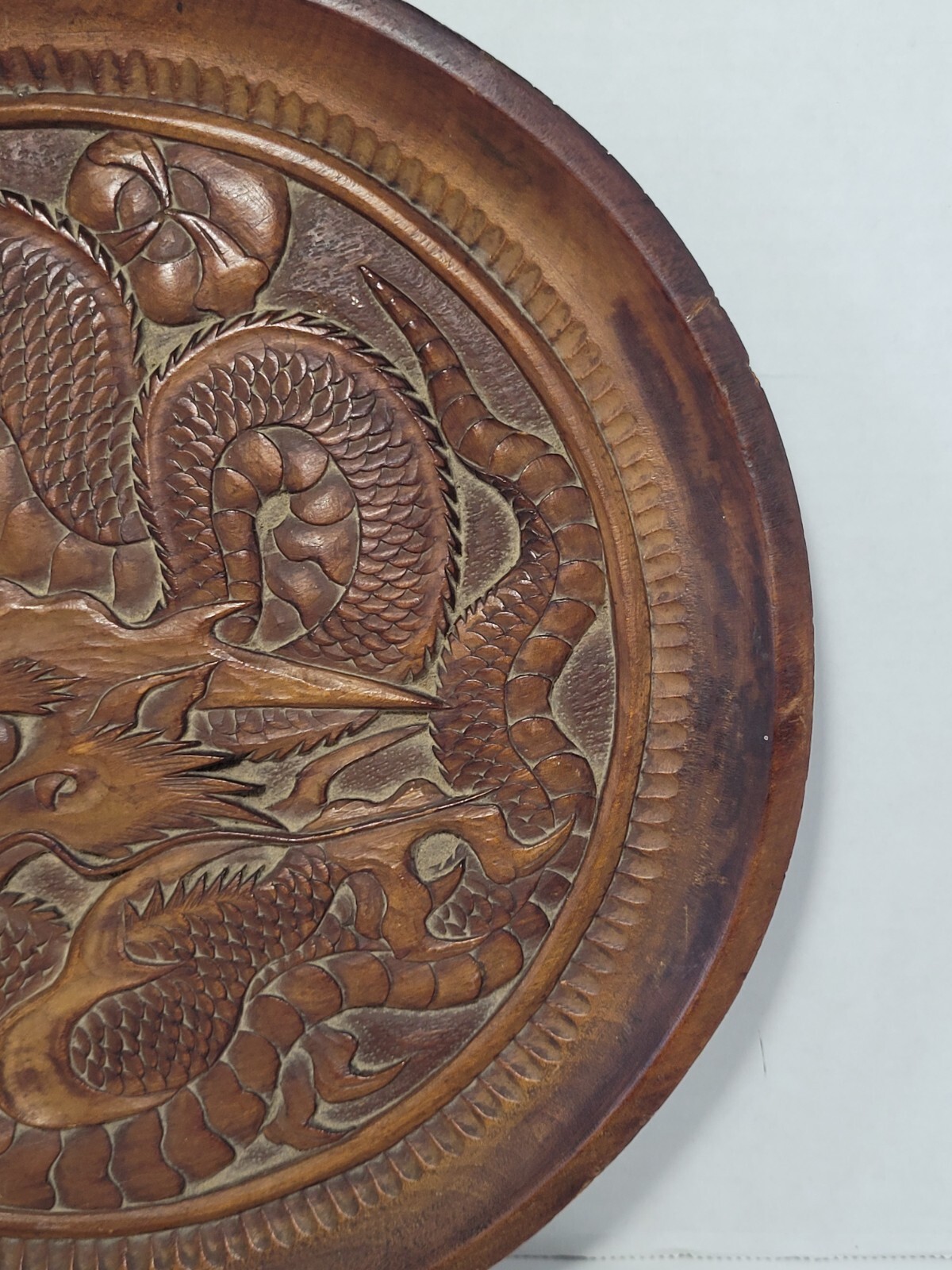 Vintage Carved Wooden Dragon Plaque Plate Chinese Decor Asian Oriental