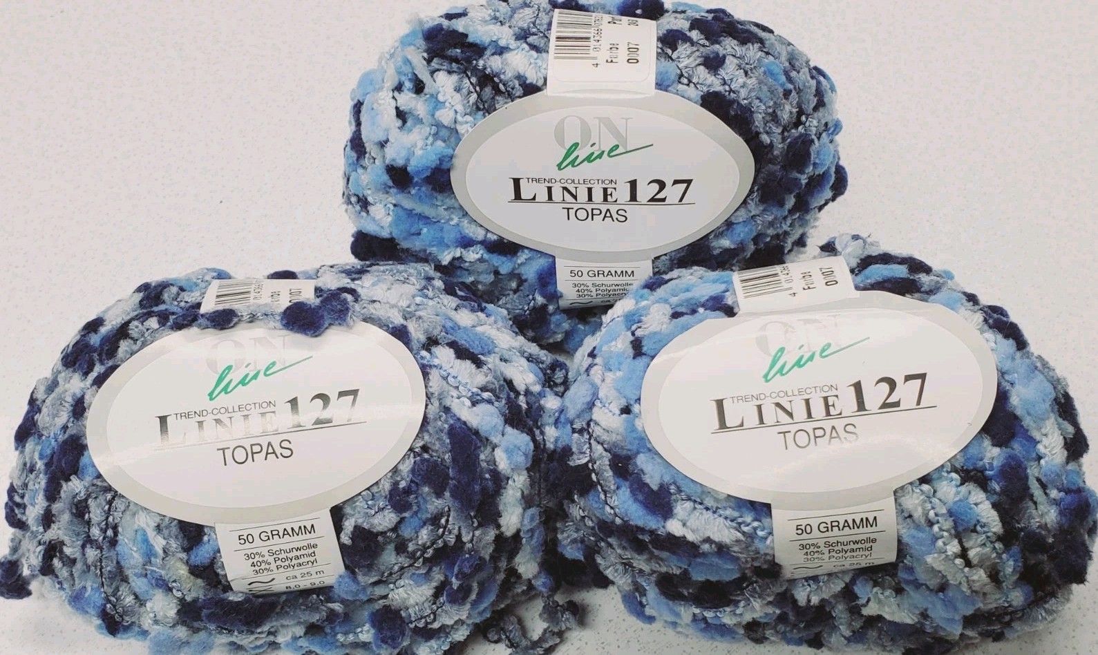 Lot of 3 Balls On Line Linie 127 TOPAS Color 0007 BLUES