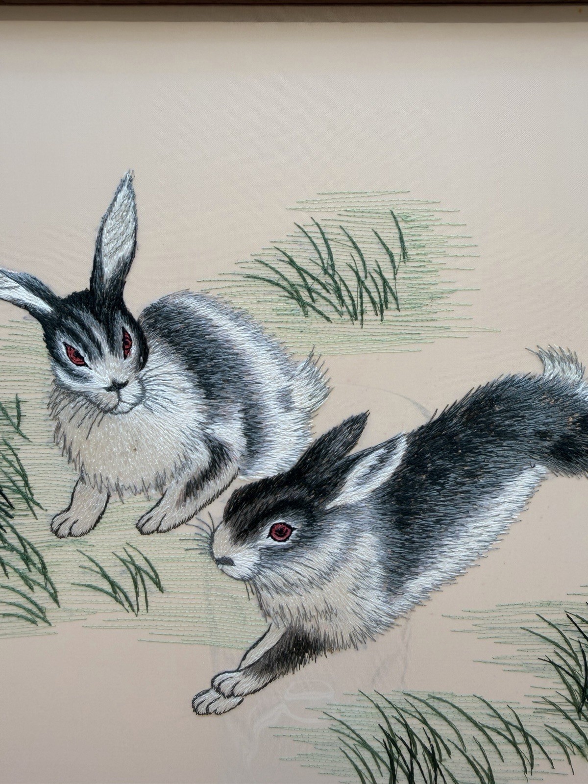 Early 1980s Chinese Double-Sided Silk Embroidery Spring Hares Framed Art