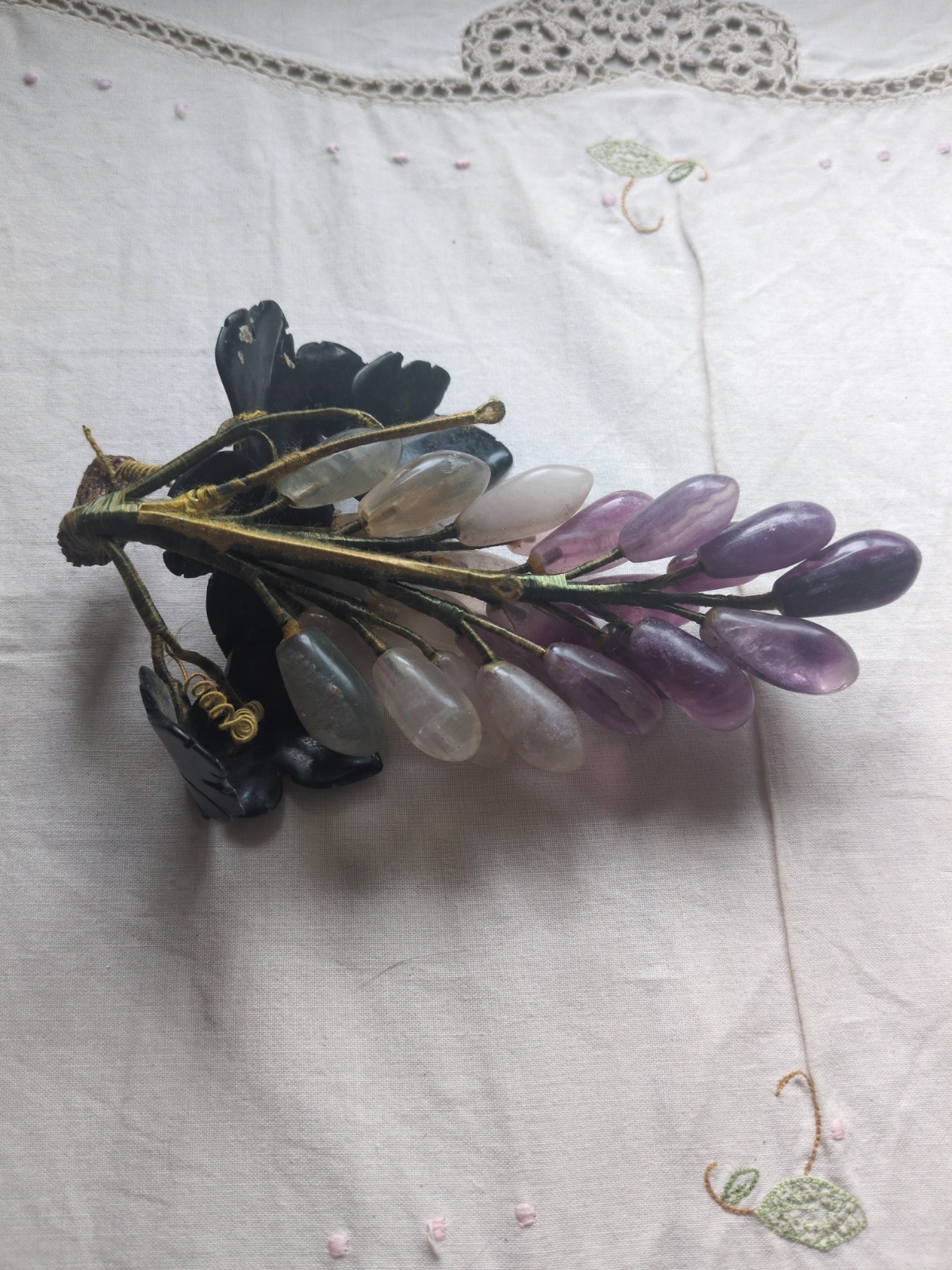 Vintage Chinese Carved Rose-Quartz, Amethyst Grape Cluster With Jade Leaves 7″