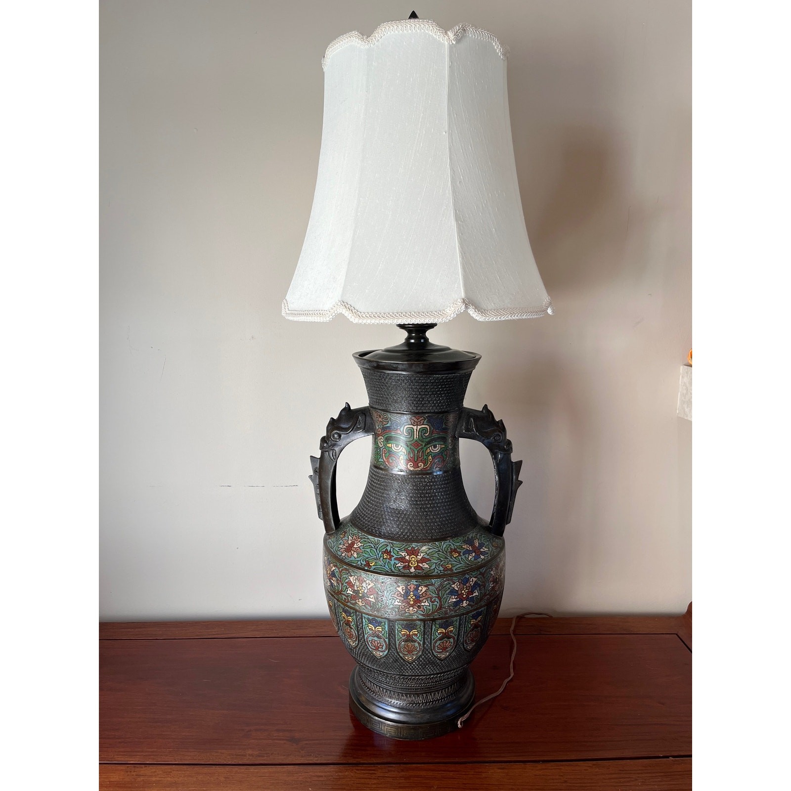 Large 42″ Chinese Cloisonné & Bronze Taotie Hu Vase Table Lamp
