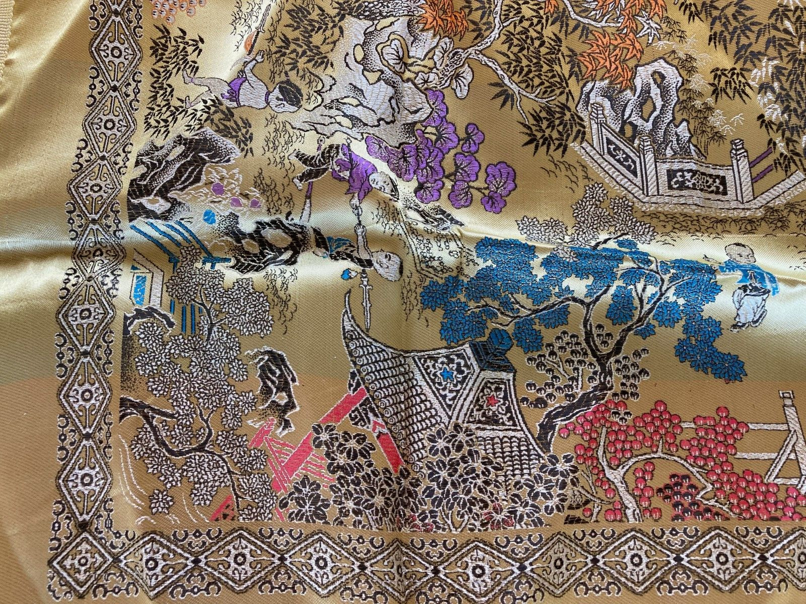 Vintage Silk Satin Brocade Piano Shawl Gold 48″ Fringes Excellent WWII