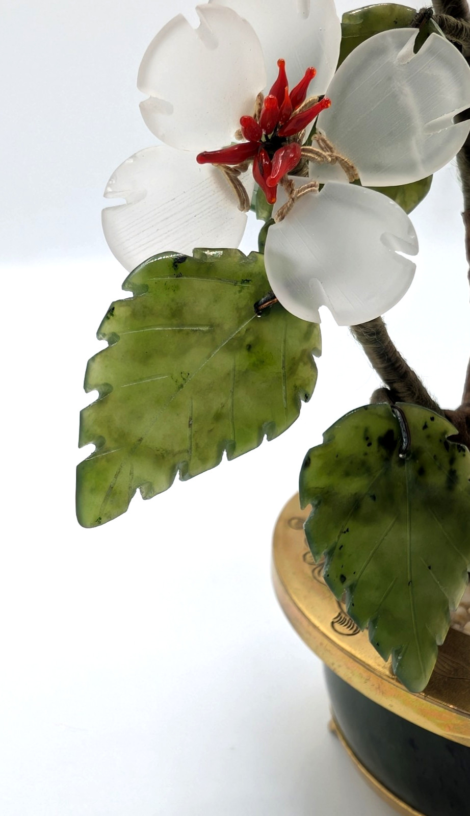 Bonsai Tree Sculpture 8 inch Semi Precious Stones Jade Brass Pot Hong Kong