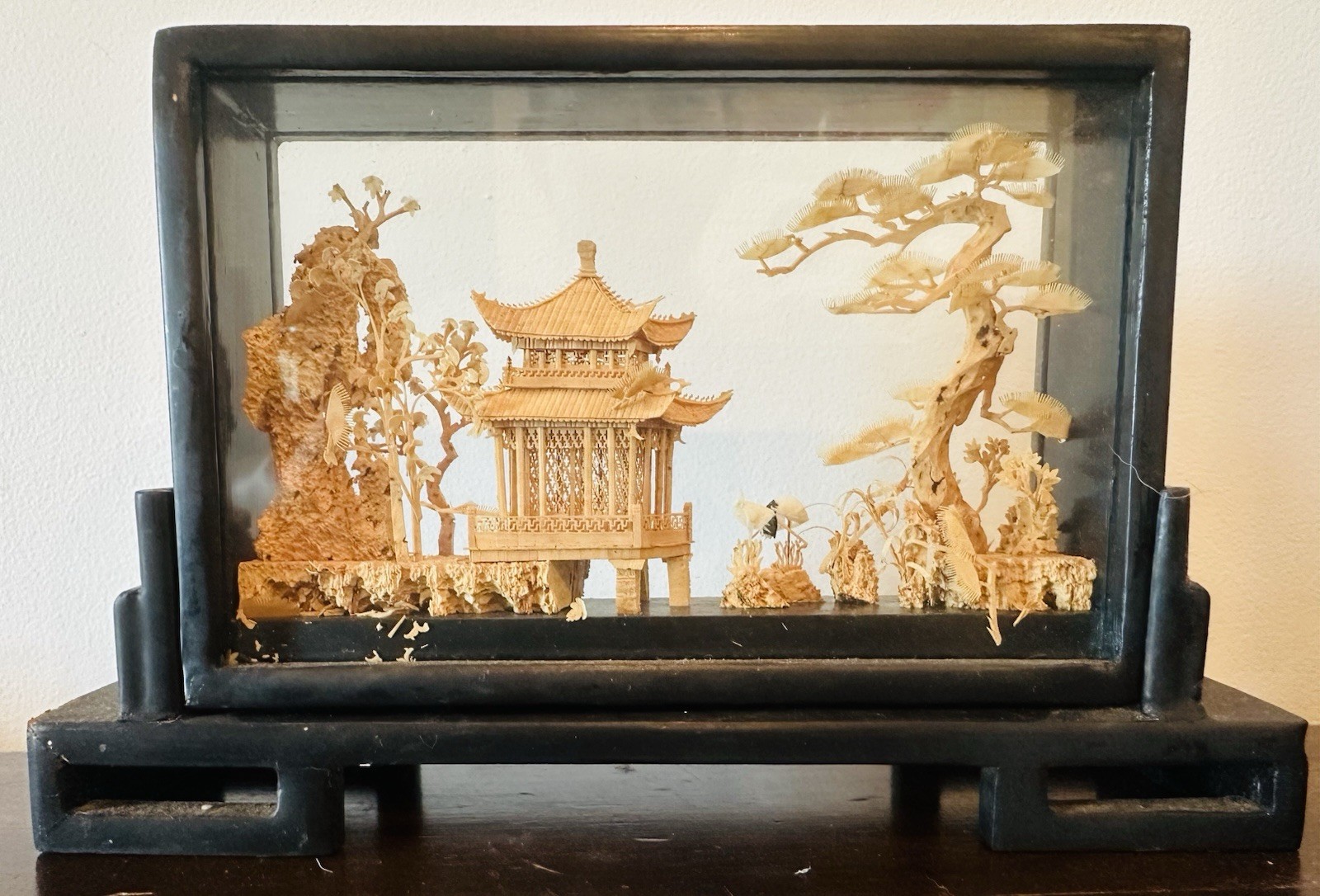 Vintage Chinese Carved Cork Diorama In Glass Pagoda Trees Cranes