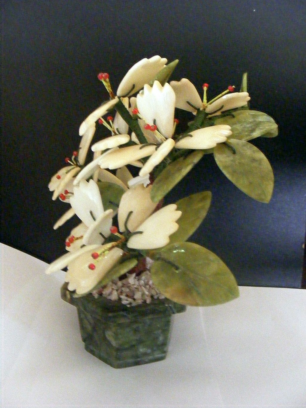 Chinese Hardstone Flower Tree Vintage Carved Jade & Stone 7 1/2″