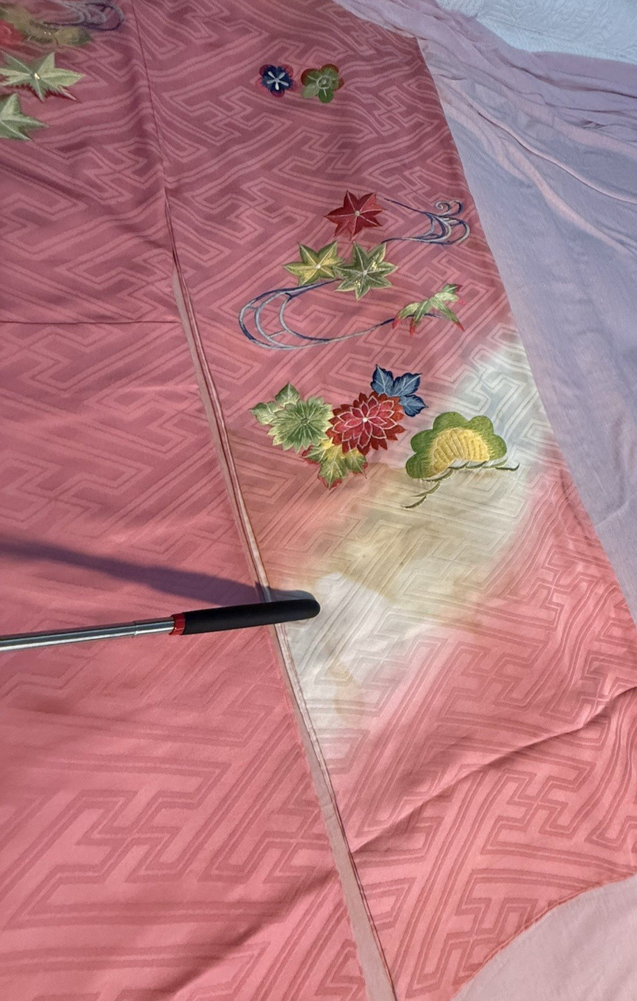 Vintage Japanese Coral Pink heavy Floral Embroidery Silk Furisode silk Lining