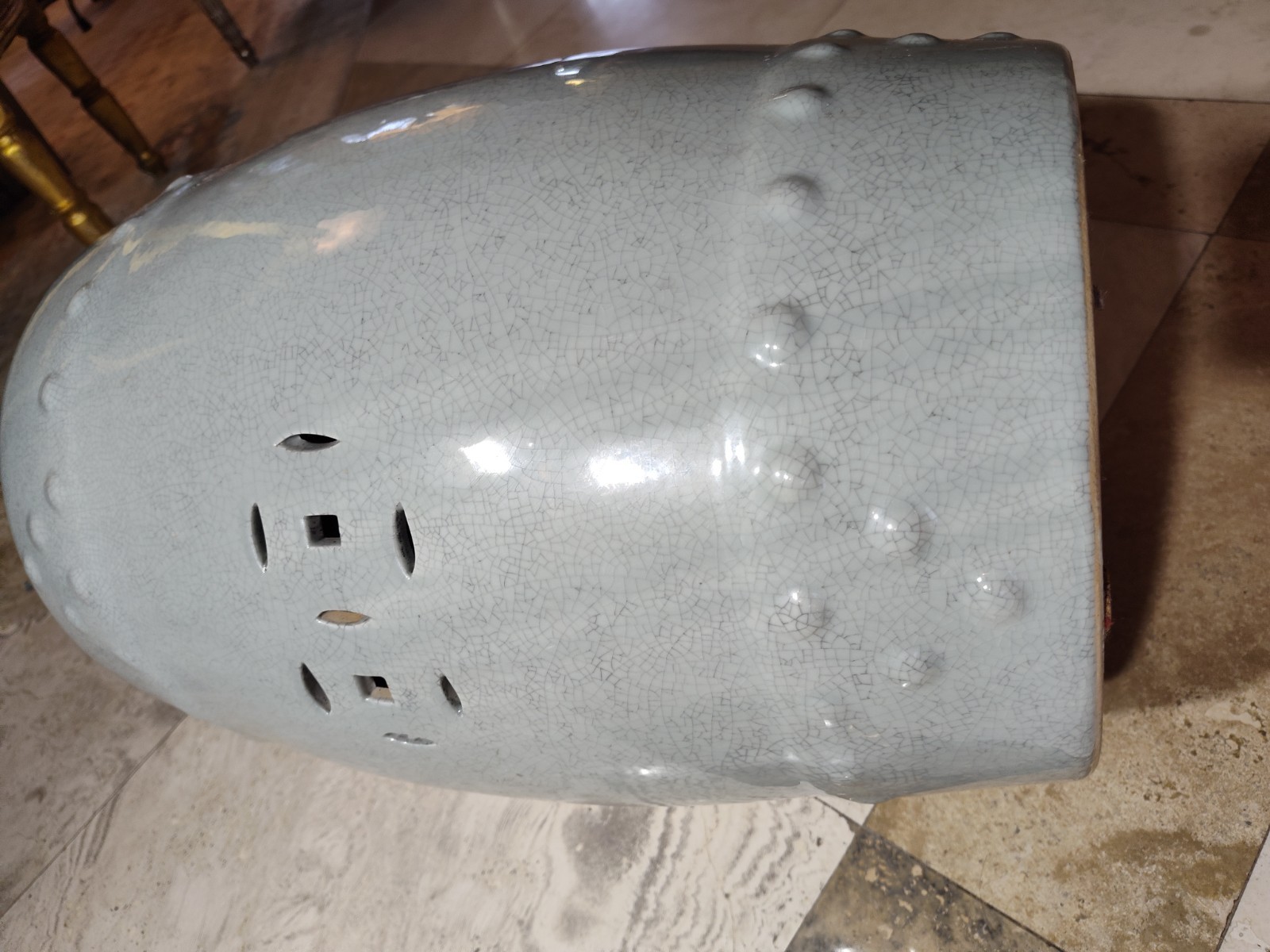 18 ” Vintage Chinese Celadon Porcelain Garden Seat. Hobnailed and Pierced.