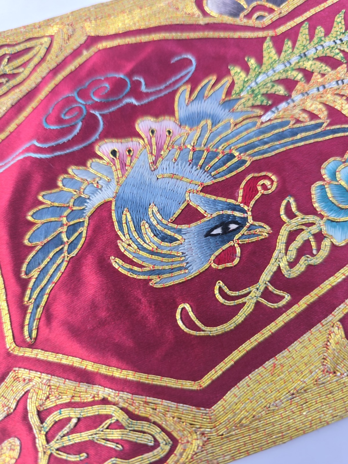 Vintage Chinese Phoenix Fenghuang Hand Embroidered Silk Rayon Panel 1980s