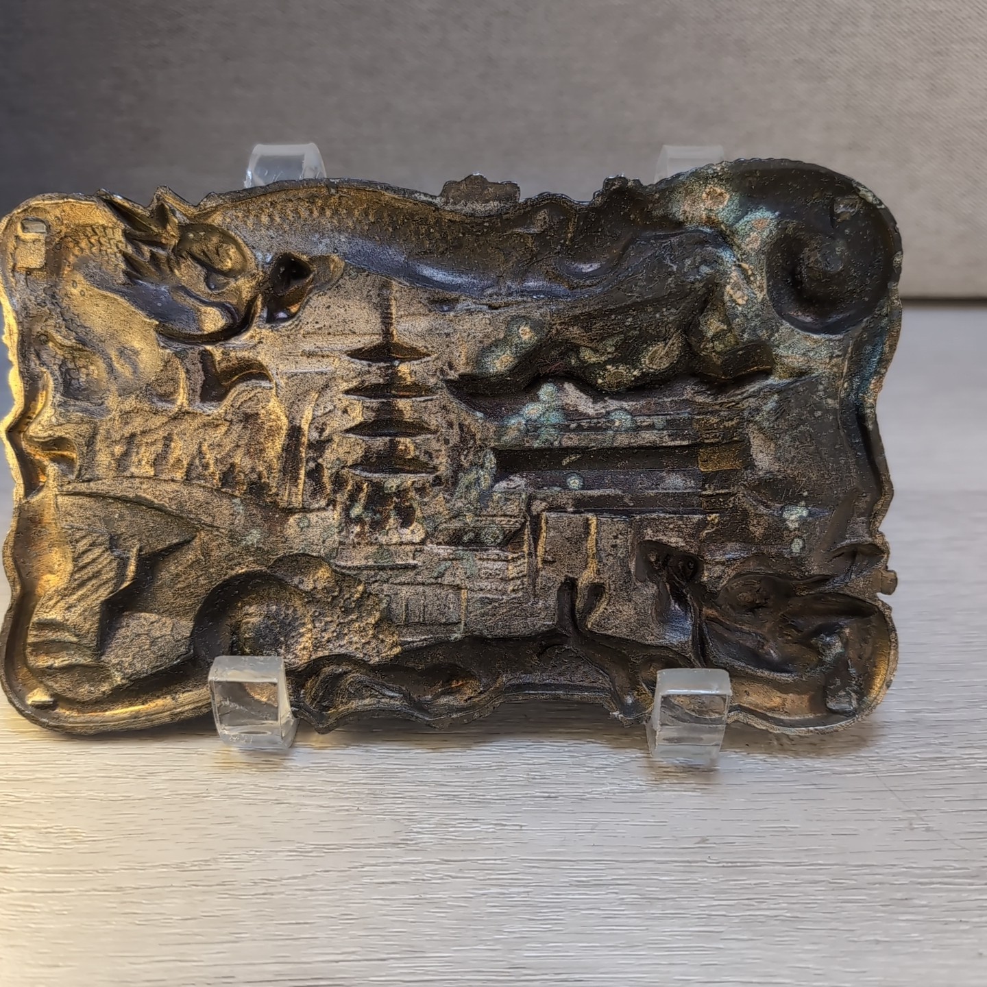 Antique Chinese Dragon Repousse Metal Tray Plaque Wall Art Jewelry Box Lid 7″x4″