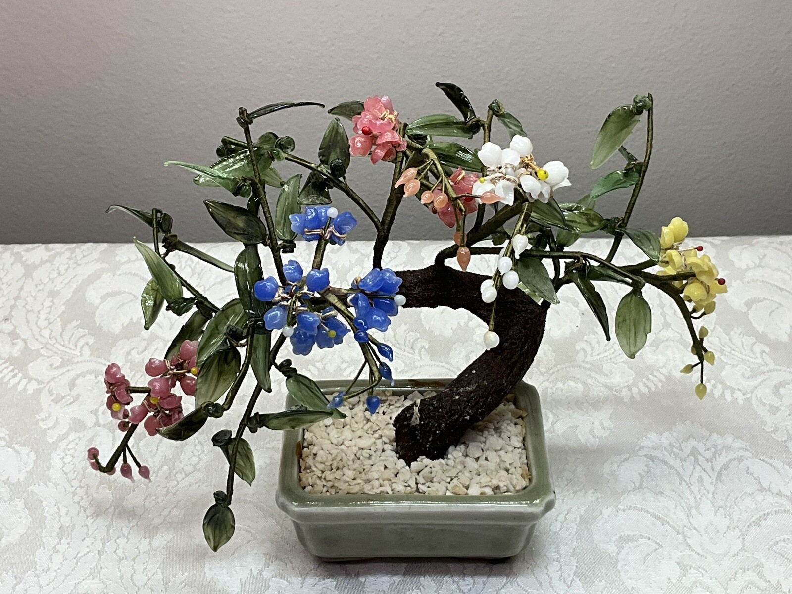 Vintage Glass Bonsai Jade Tree Intricate Multi Color Flowers Celadon Pot Pretty