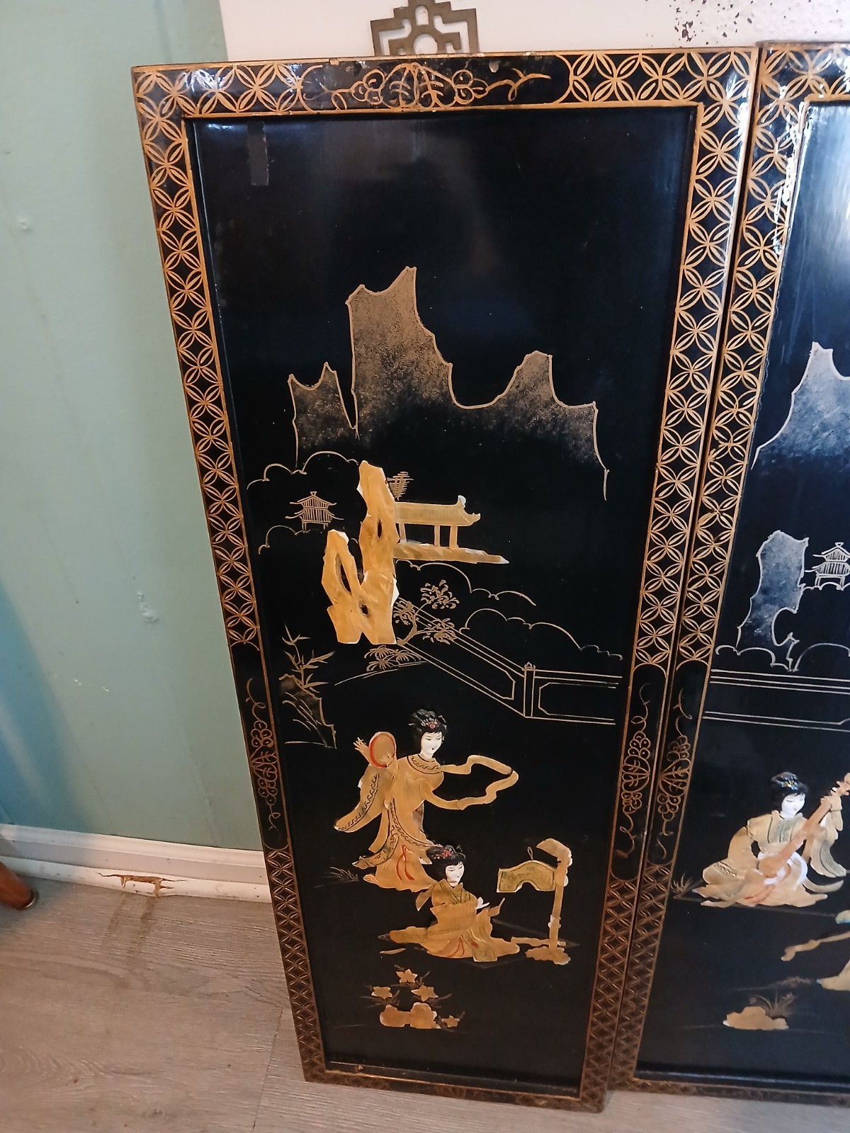 4 Vintage Asian Japanese Mother Pearl Black Lacquer Wall Panels 36″ x 12″