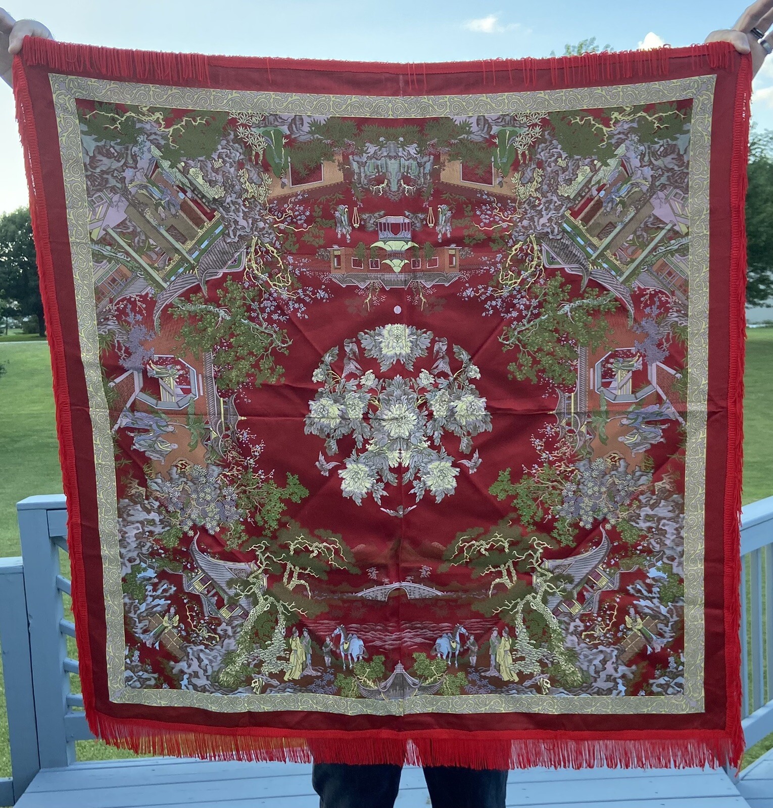Vintage Silk Brocaded Flowers China Tapestry or Table Cloth Vivid Colors Fringe