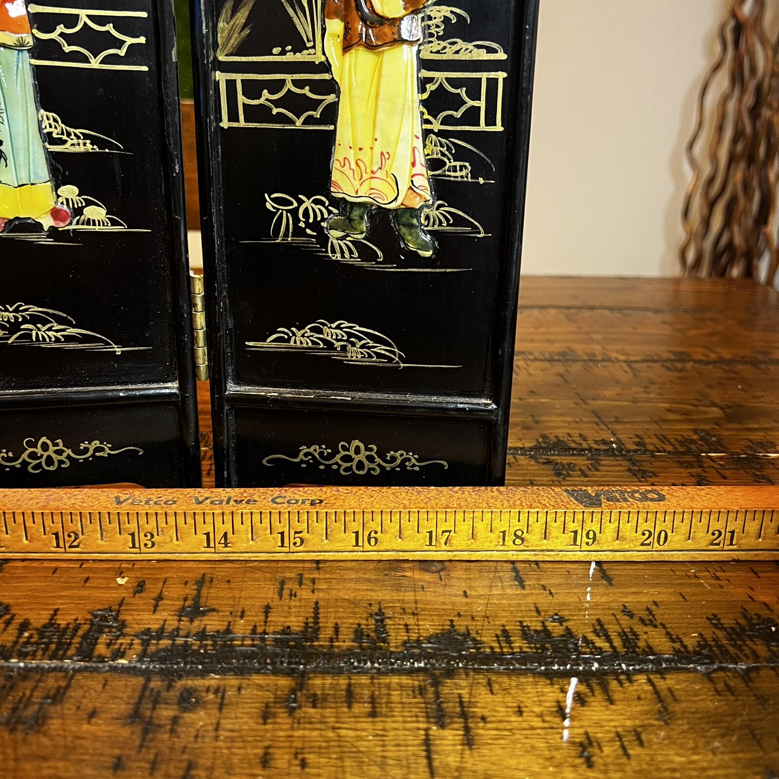 Vintage Mini Asian Chinese Lacquer Table Top Folding Screen Carved Stones Rare