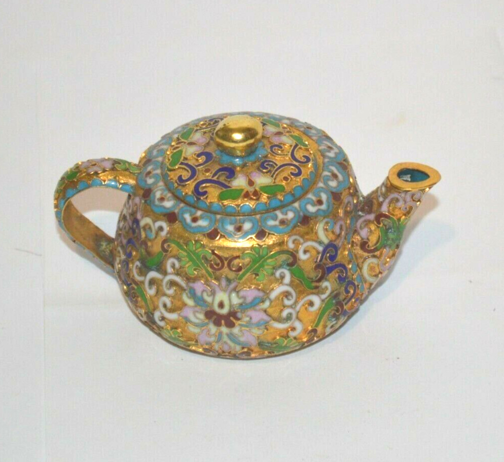 Vintage Brass Enamel Cloisonné miniature Teapot